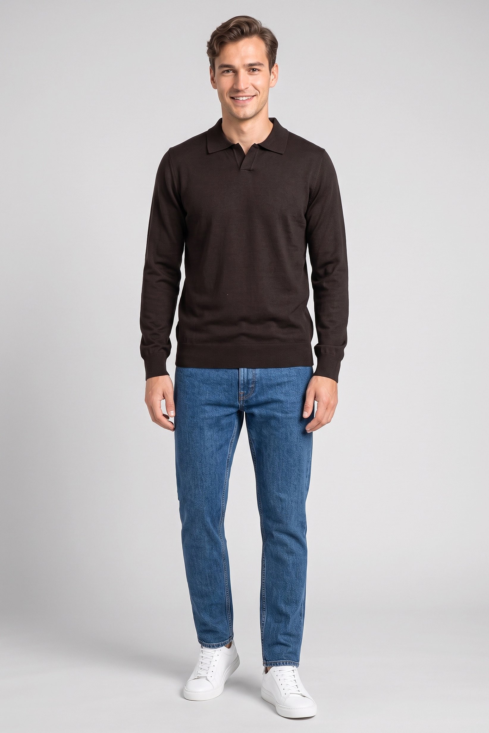 Men Spread Collar Textured Polo Shirt, Dark Brown