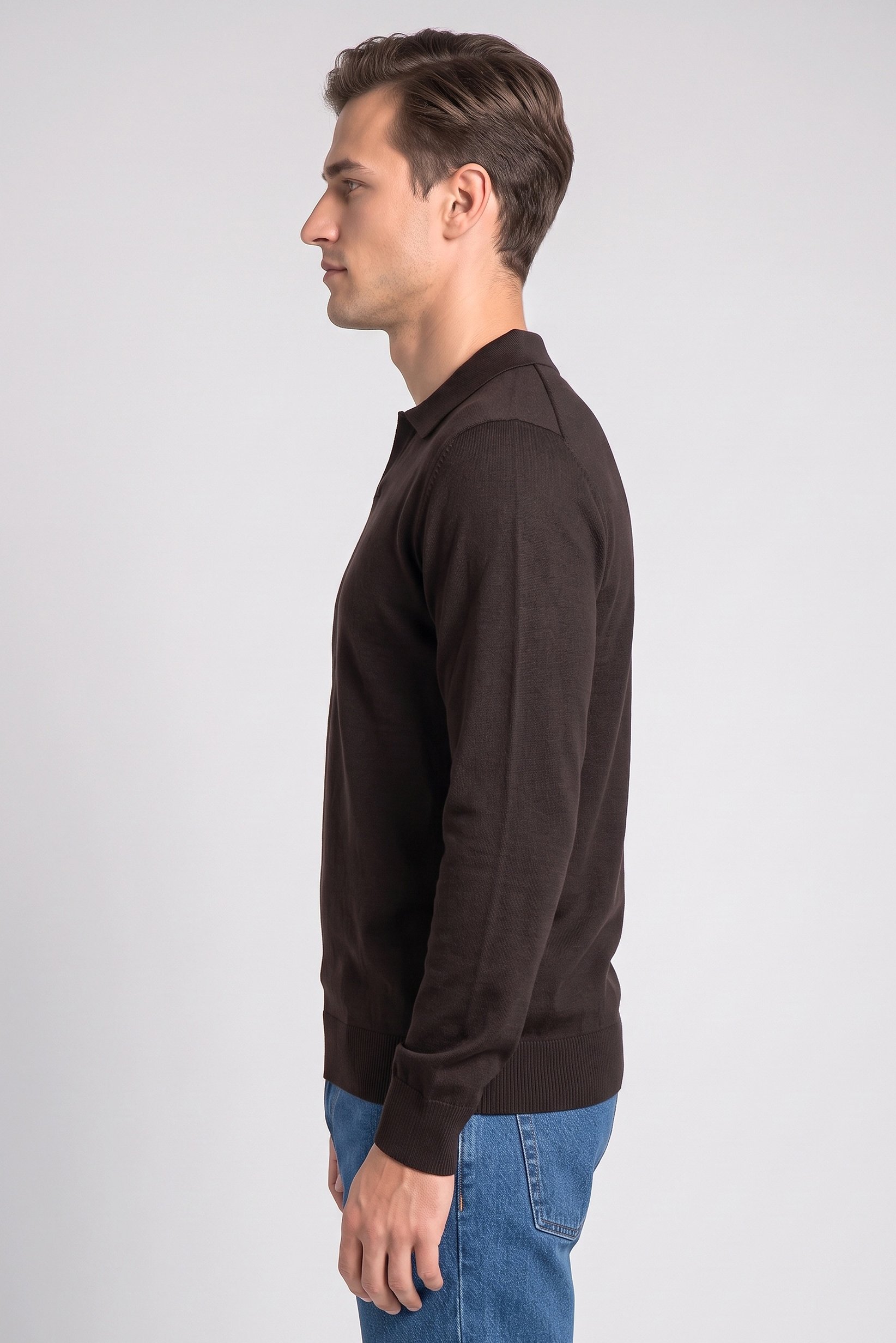 Men Spread Collar Textured Polo Shirt, Dark Brown