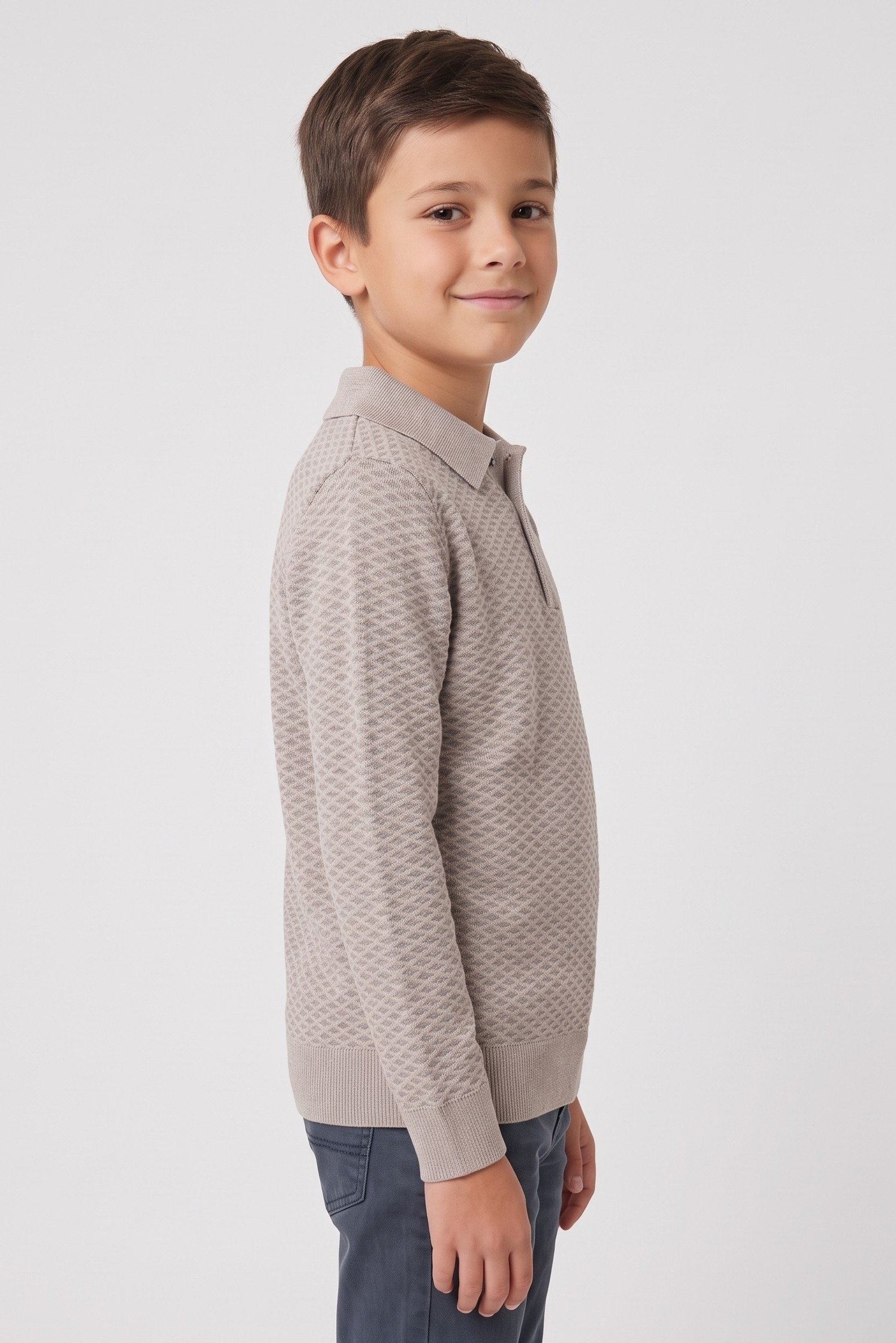 Kids Boy Spread Collar Textured Sweater, Beige