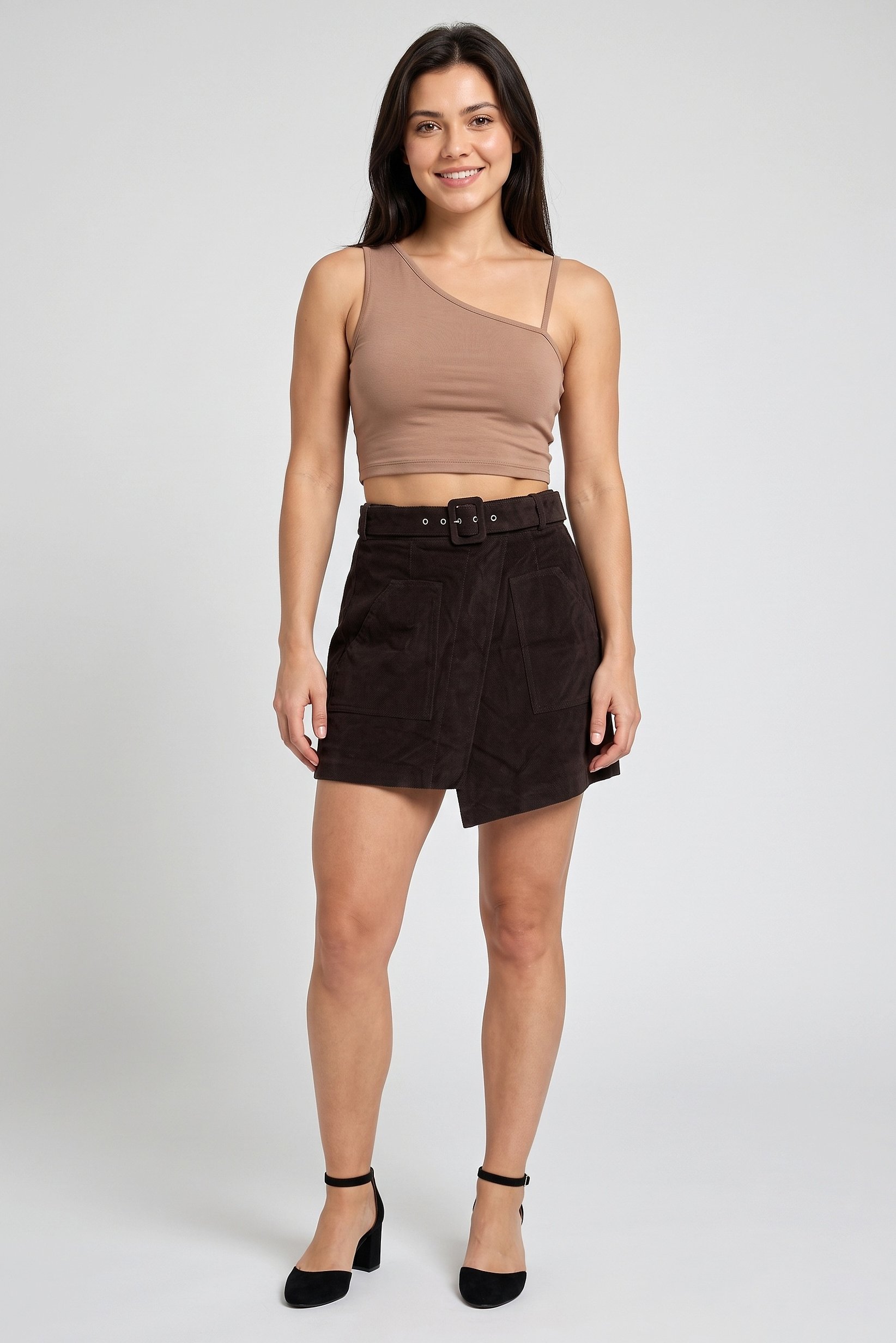 Women Textured Mini Skirts, Dark Taupe