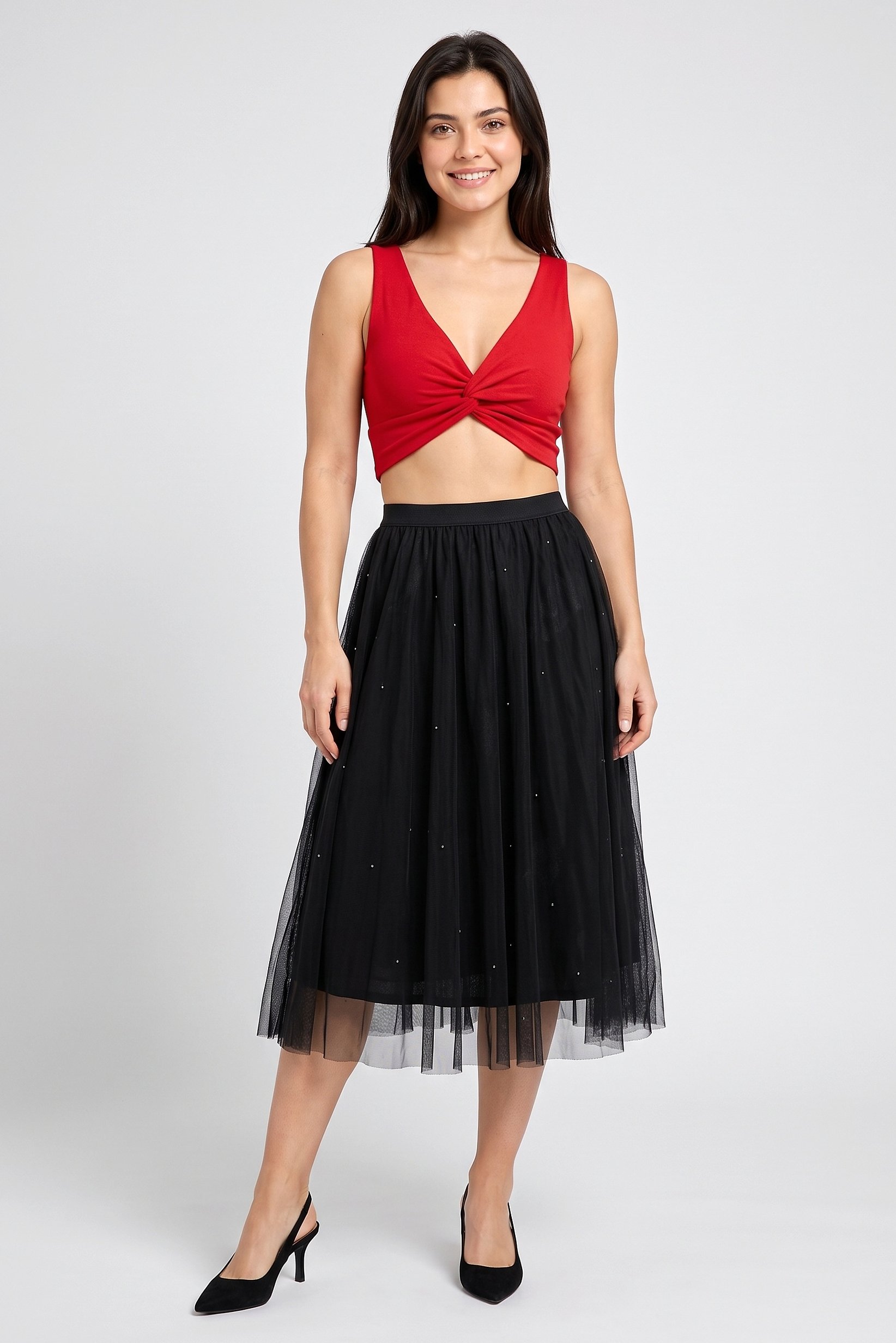 Women Textured Midi Skirt, Black