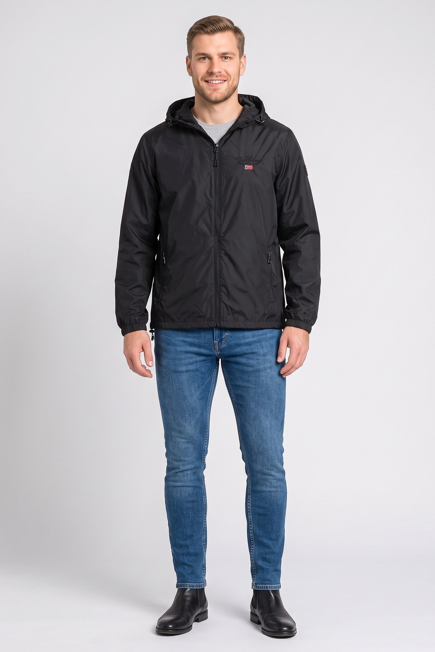 Men Embroidered Logo Windbreaker Jacket, Black