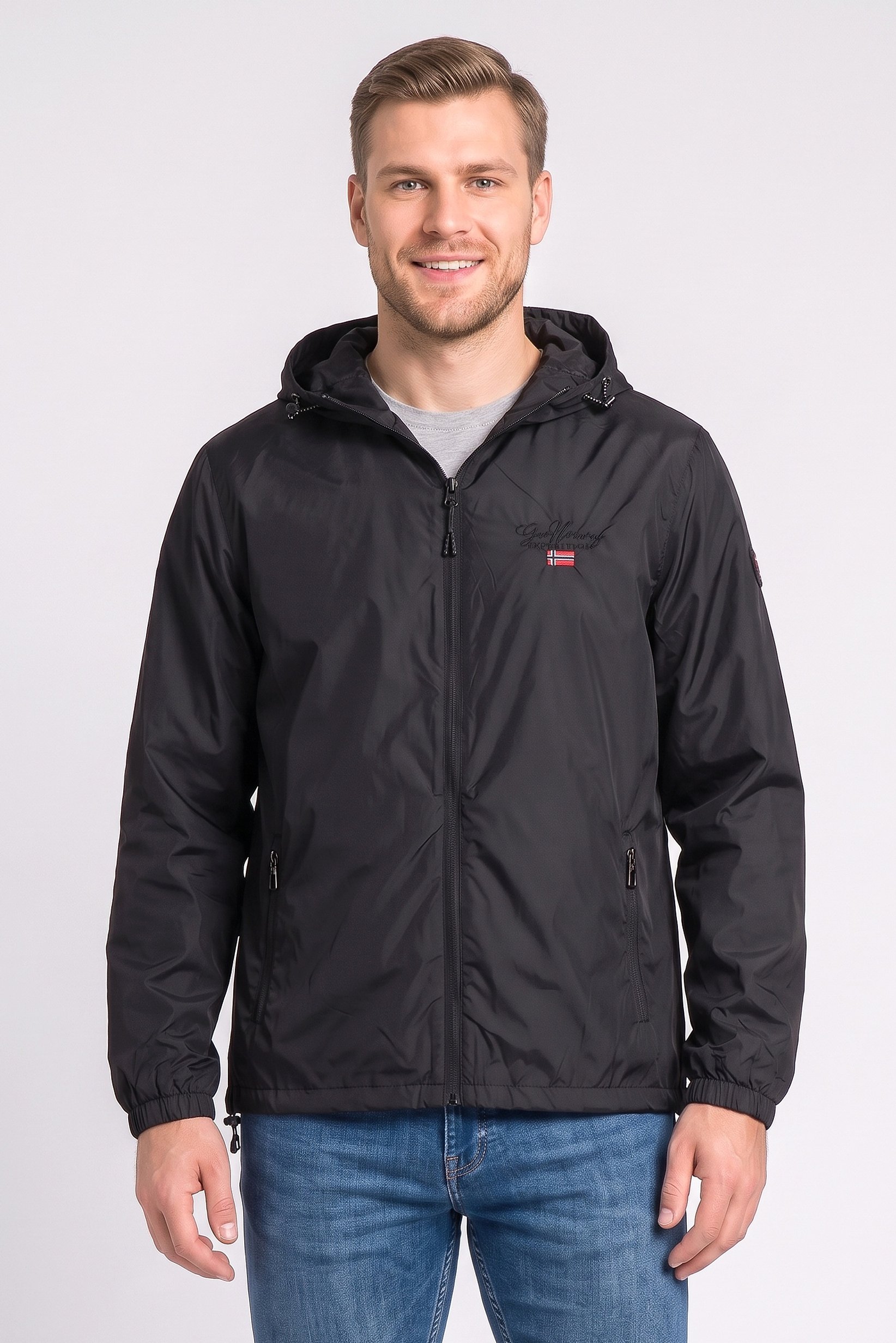 Men Embroidered Logo Windbreaker Jacket, Black