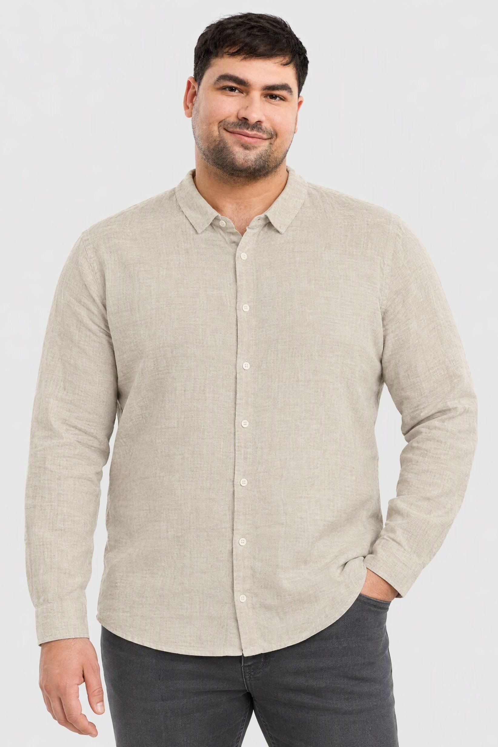 Men Regular Fit Solid Long Sleeve Casual Shirt, Beige