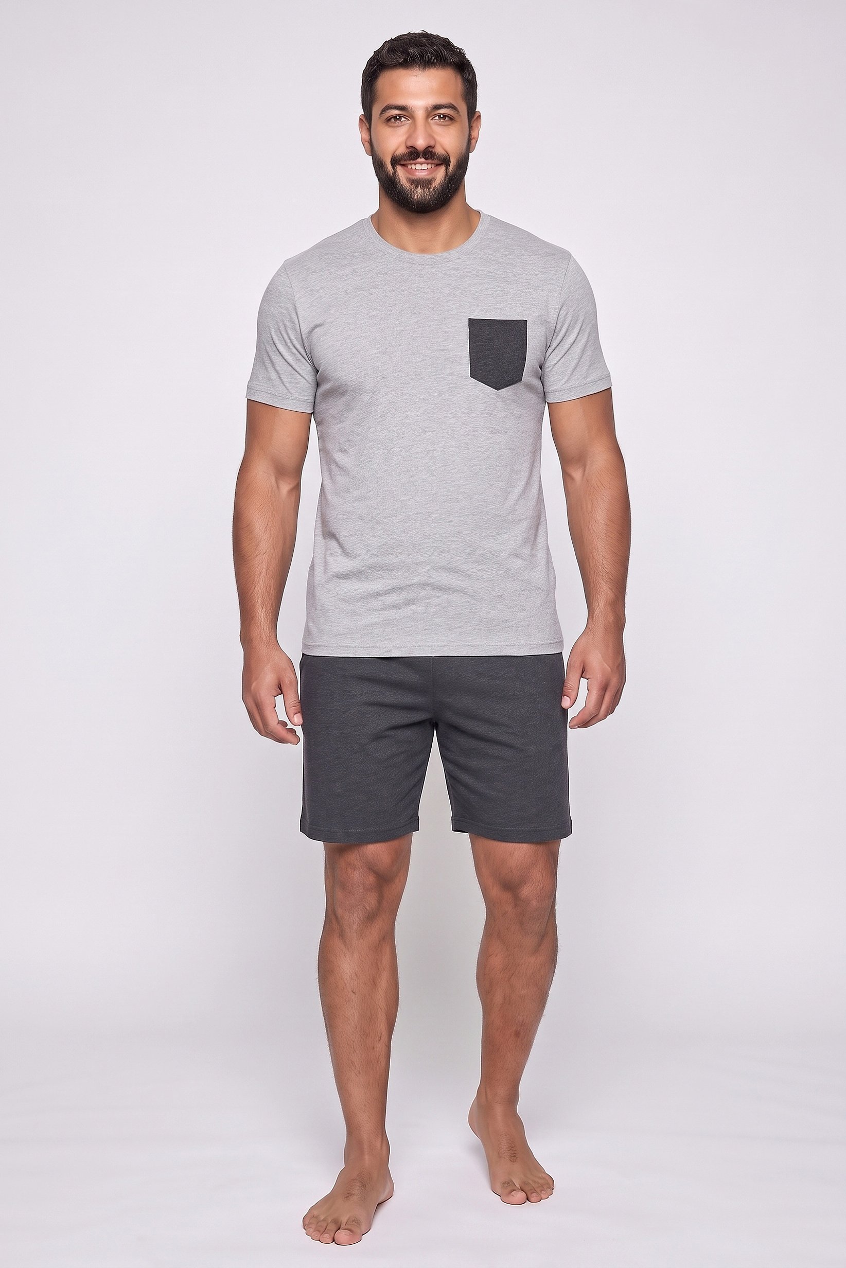 Men 2 Pcs Plain Short Sleeve T-Shirt And Shorts Pajama Set, Grey