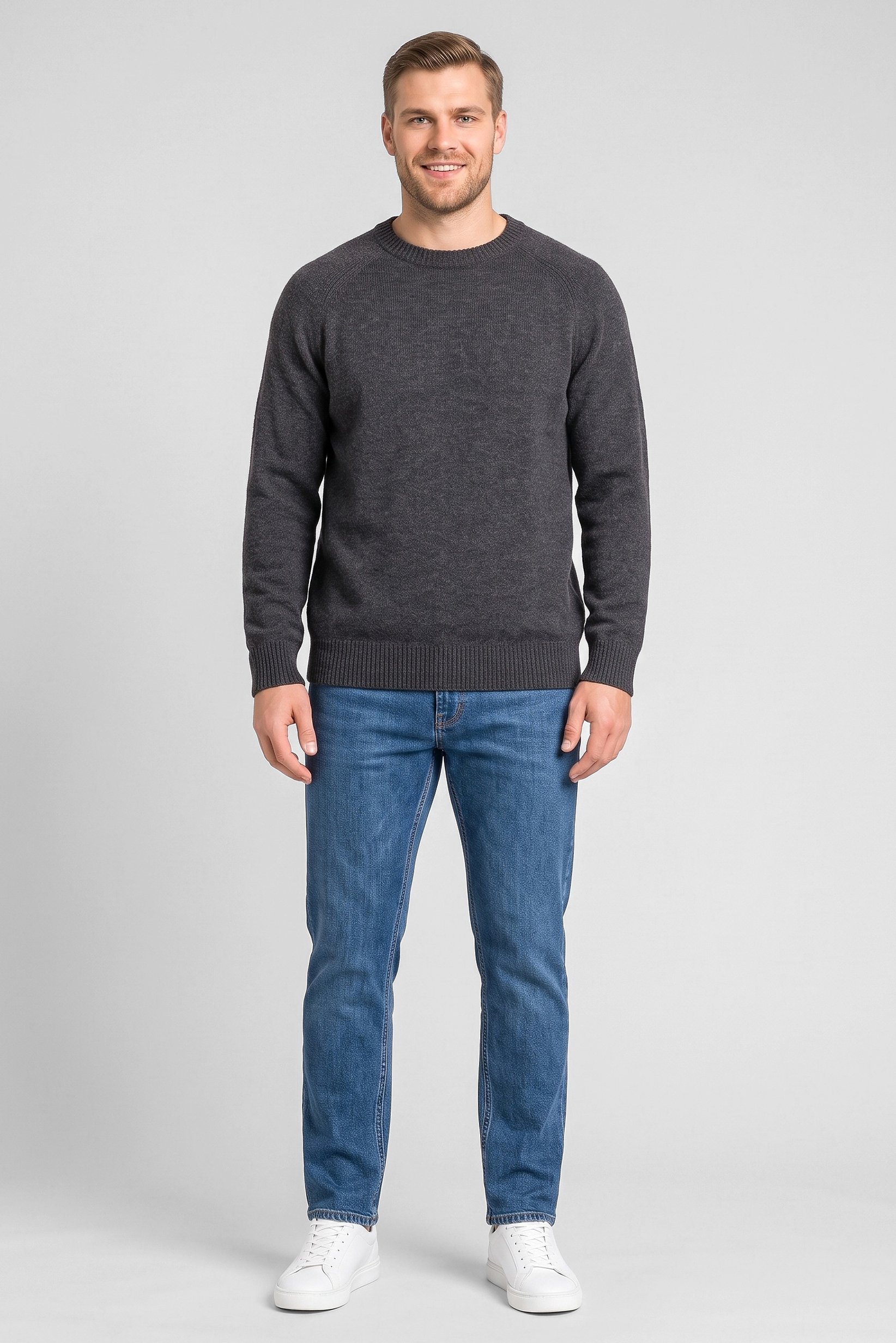 Men Crew Neck Knitted Long Sleeve Sweater, Charcoal Grey