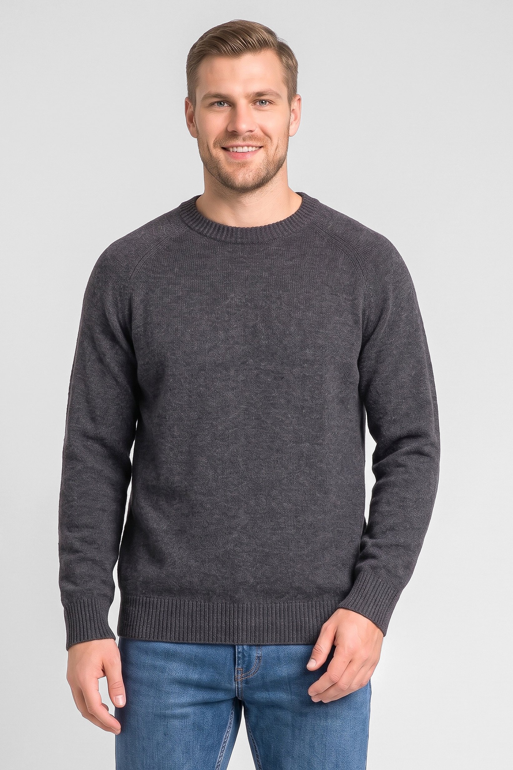 Men Crew Neck Knitted Long Sleeve Sweater, Charcoal Grey