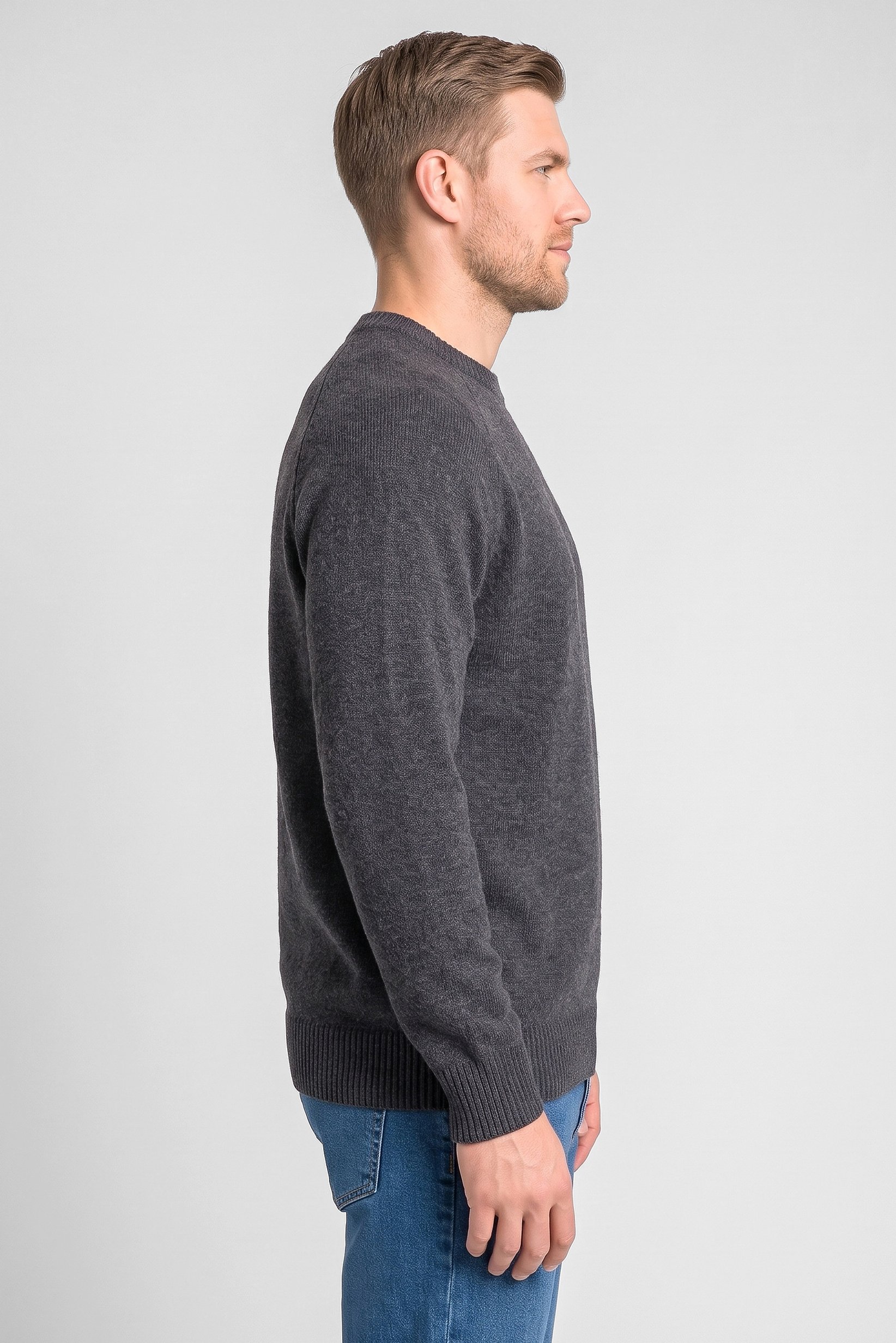 Men Crew Neck Knitted Long Sleeve Sweater, Charcoal Grey