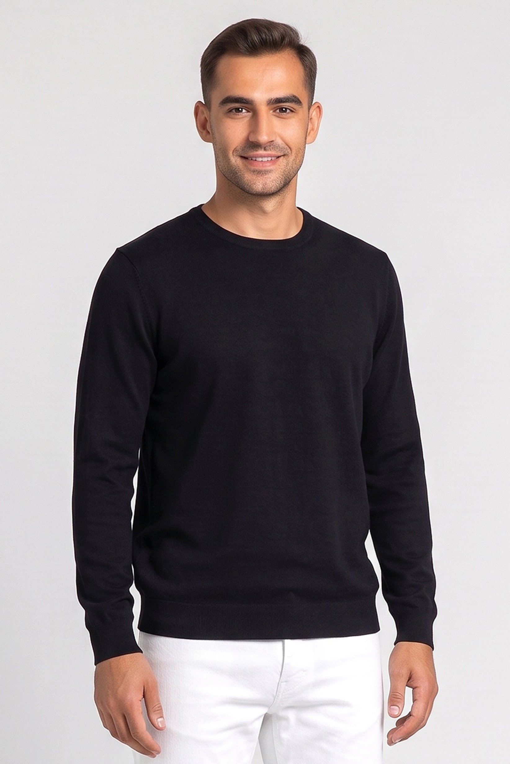 Men Crew Neck Knitted Long Sleeve Sweater, Black