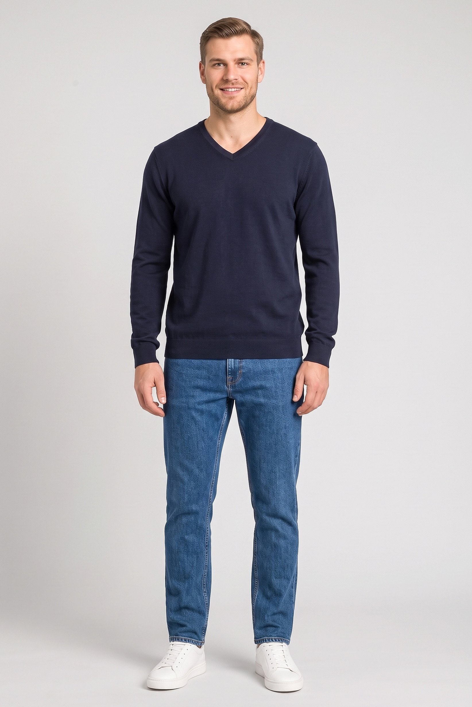 Men V-Neck Knitted Sweater, Dark Navy