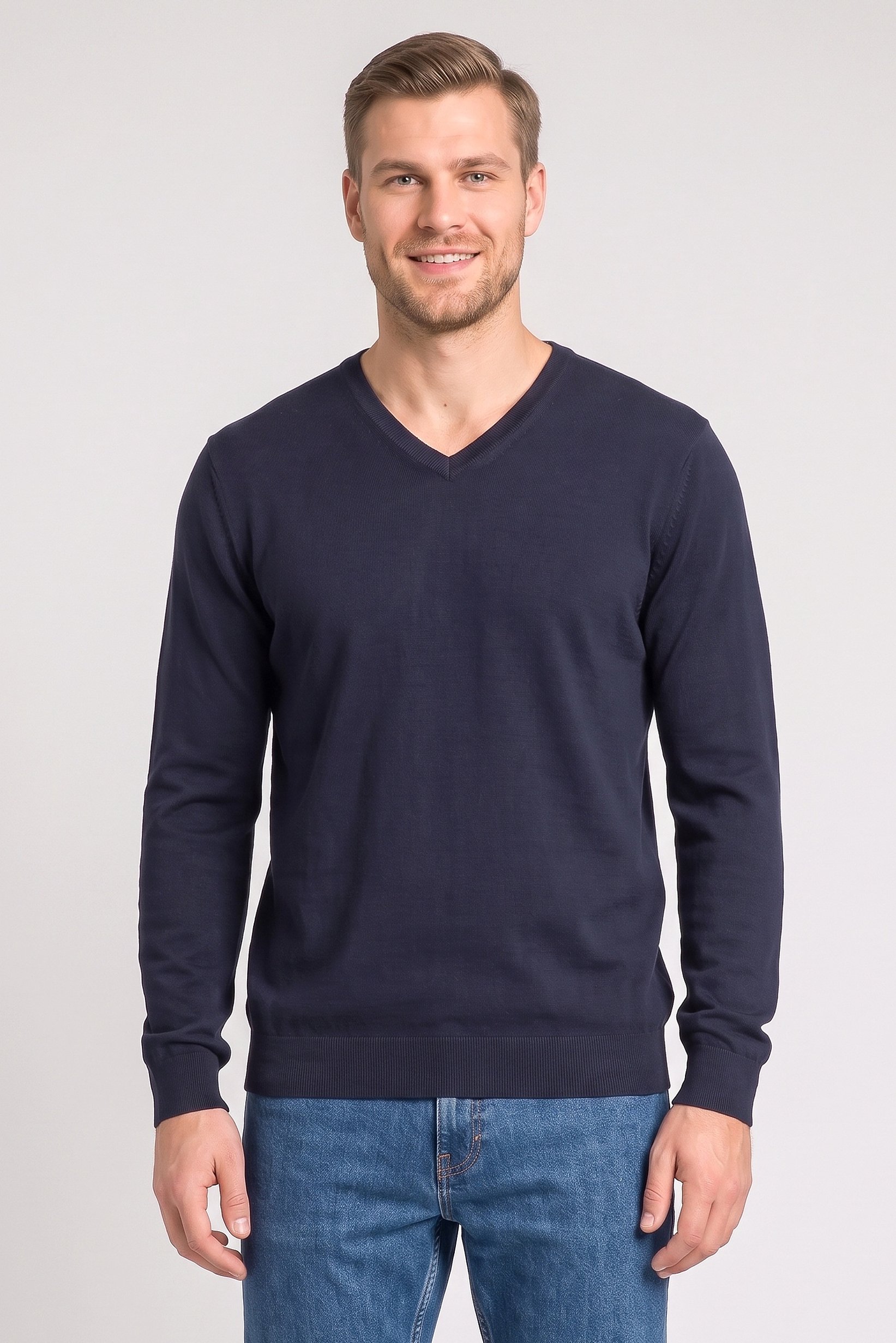 Men V-Neck Knitted Sweater, Dark Navy