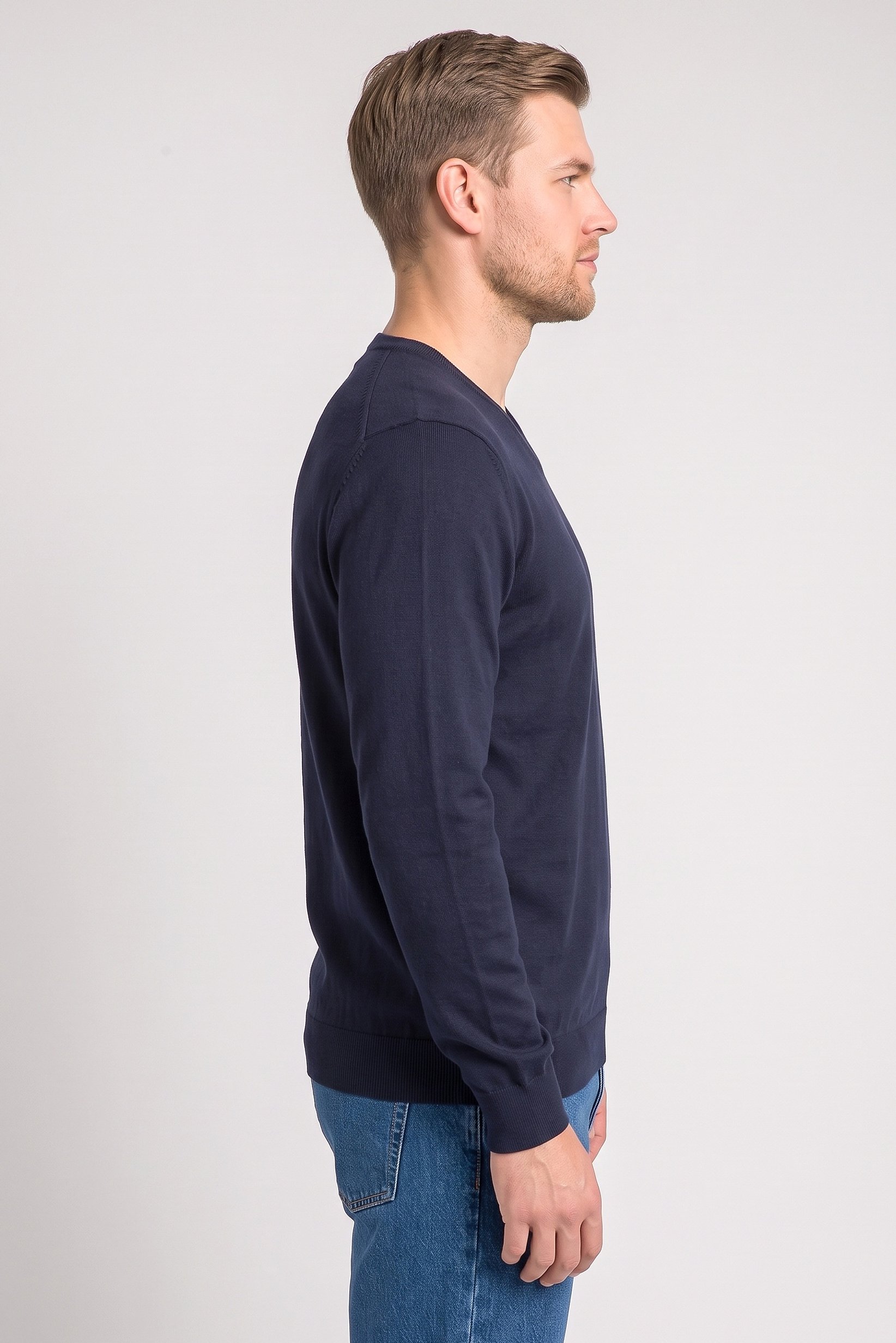 Men V-Neck Knitted Sweater, Dark Navy
