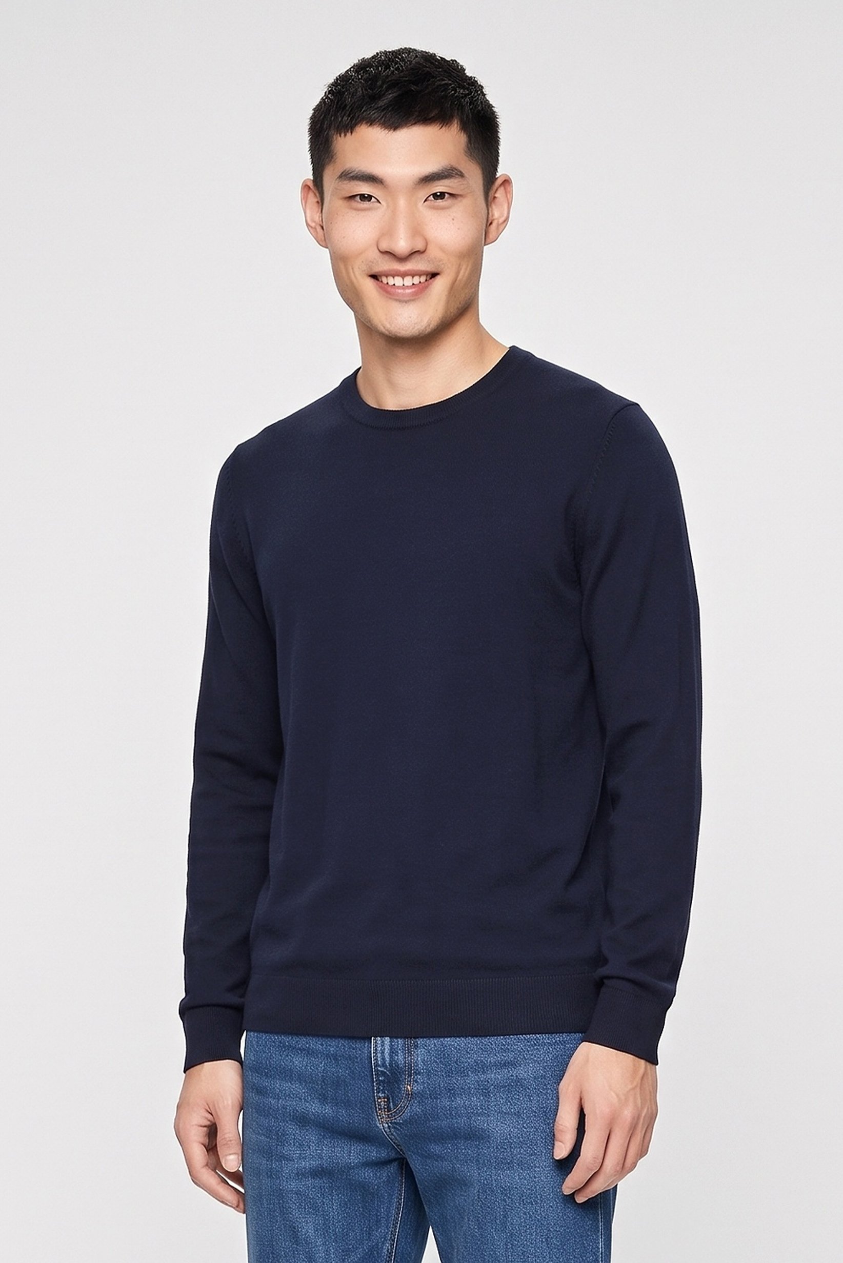 Men Crew Neck Knitted Sweater, Navy