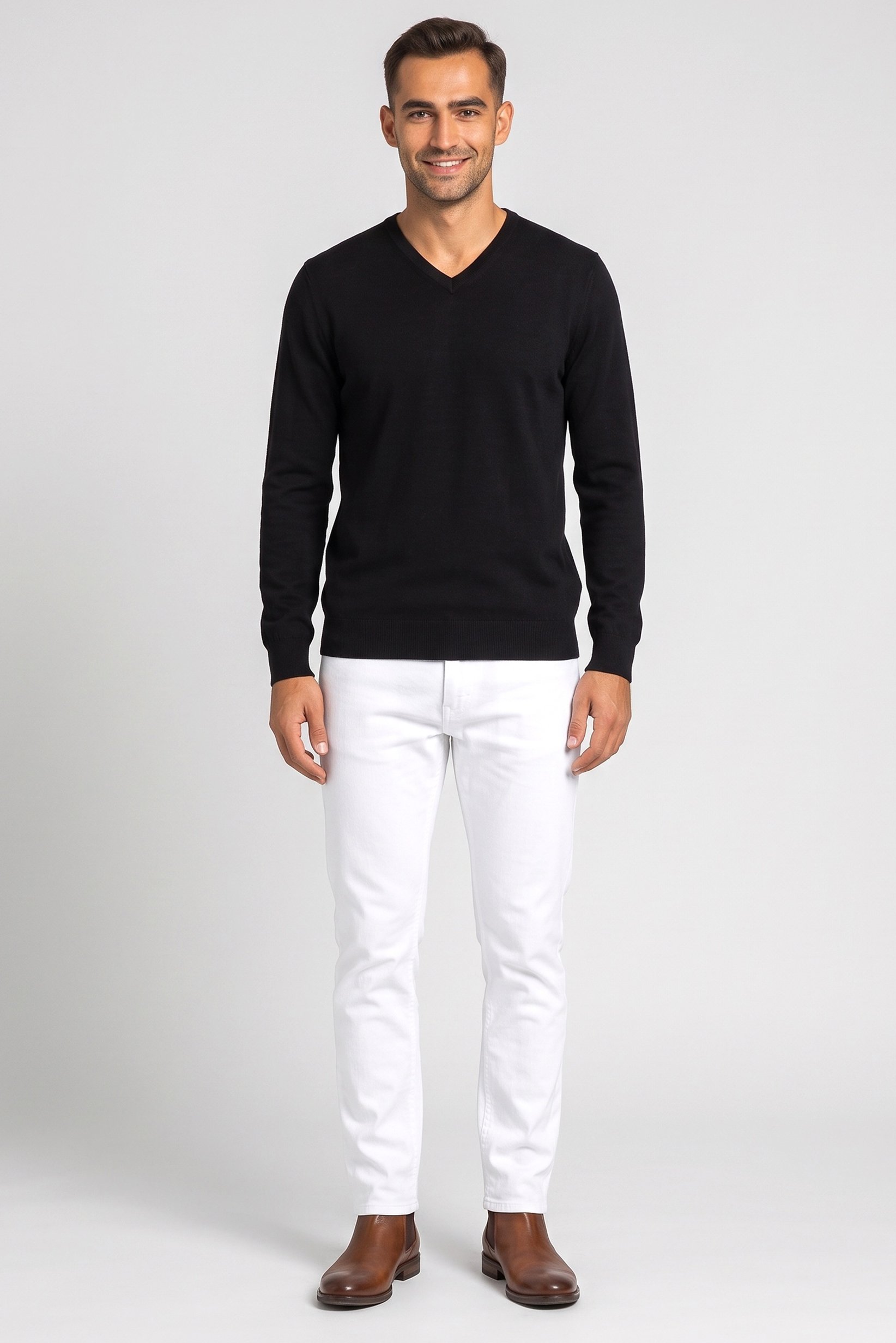Men V-Neck Long Sleeve Plain Sweater, Black