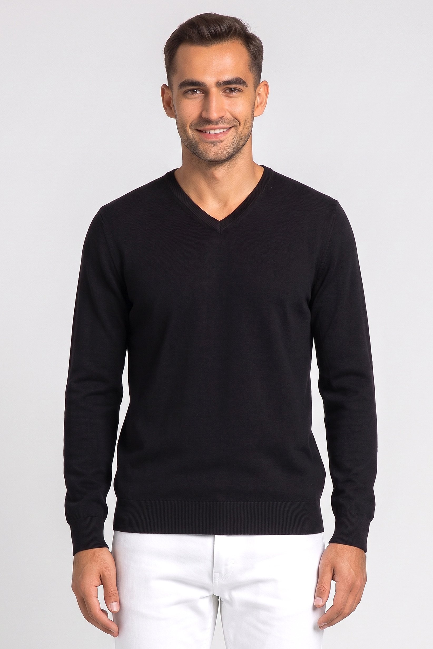 Men V-Neck Long Sleeve Plain Sweater, Black