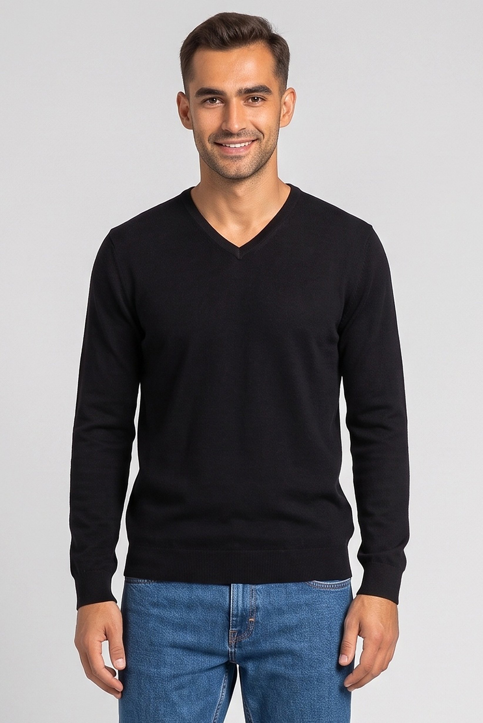 Men V-Neck Knitted Sweater, Black