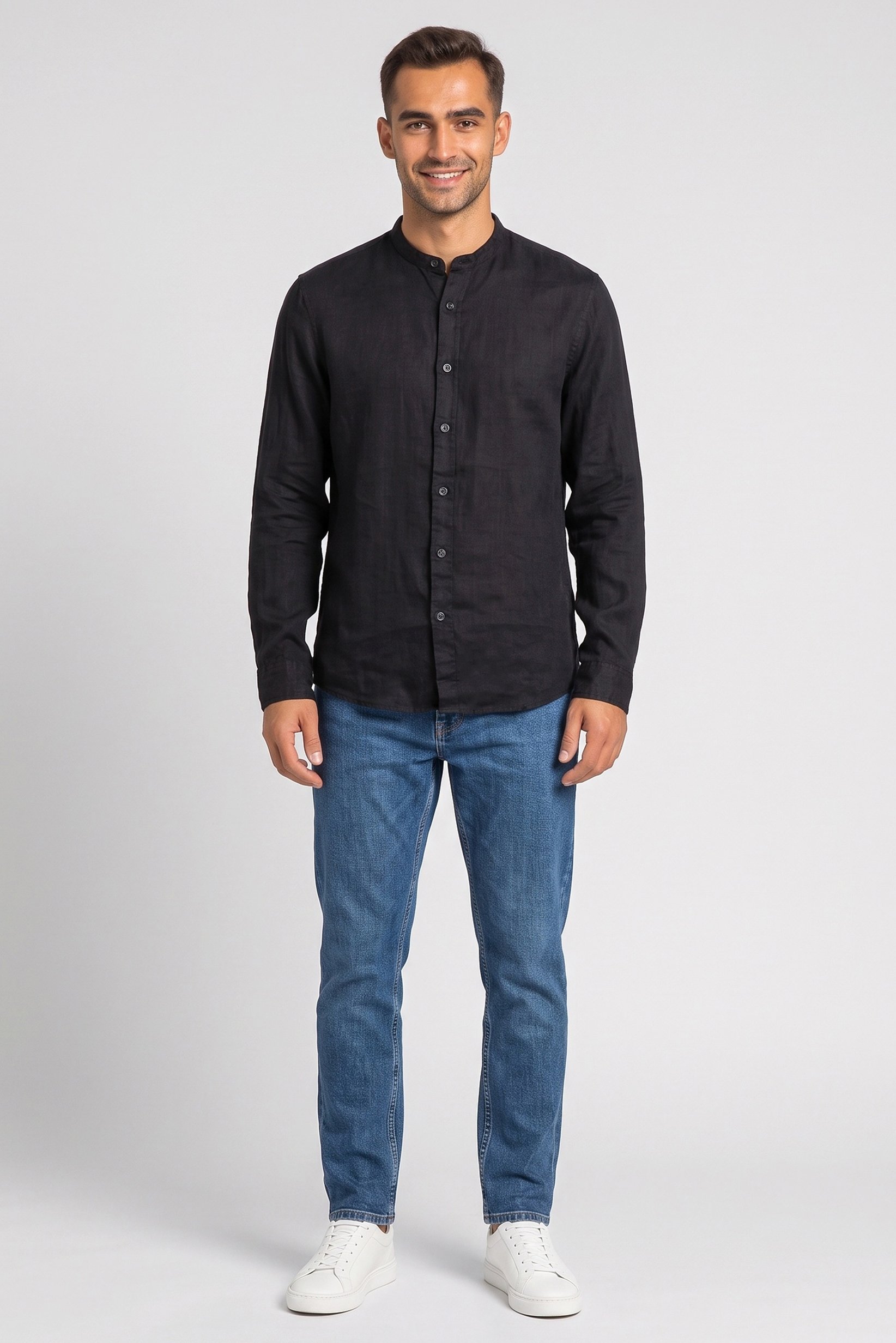 Men Regular Fit Plain Long Sleeve Casual Shirt, Black