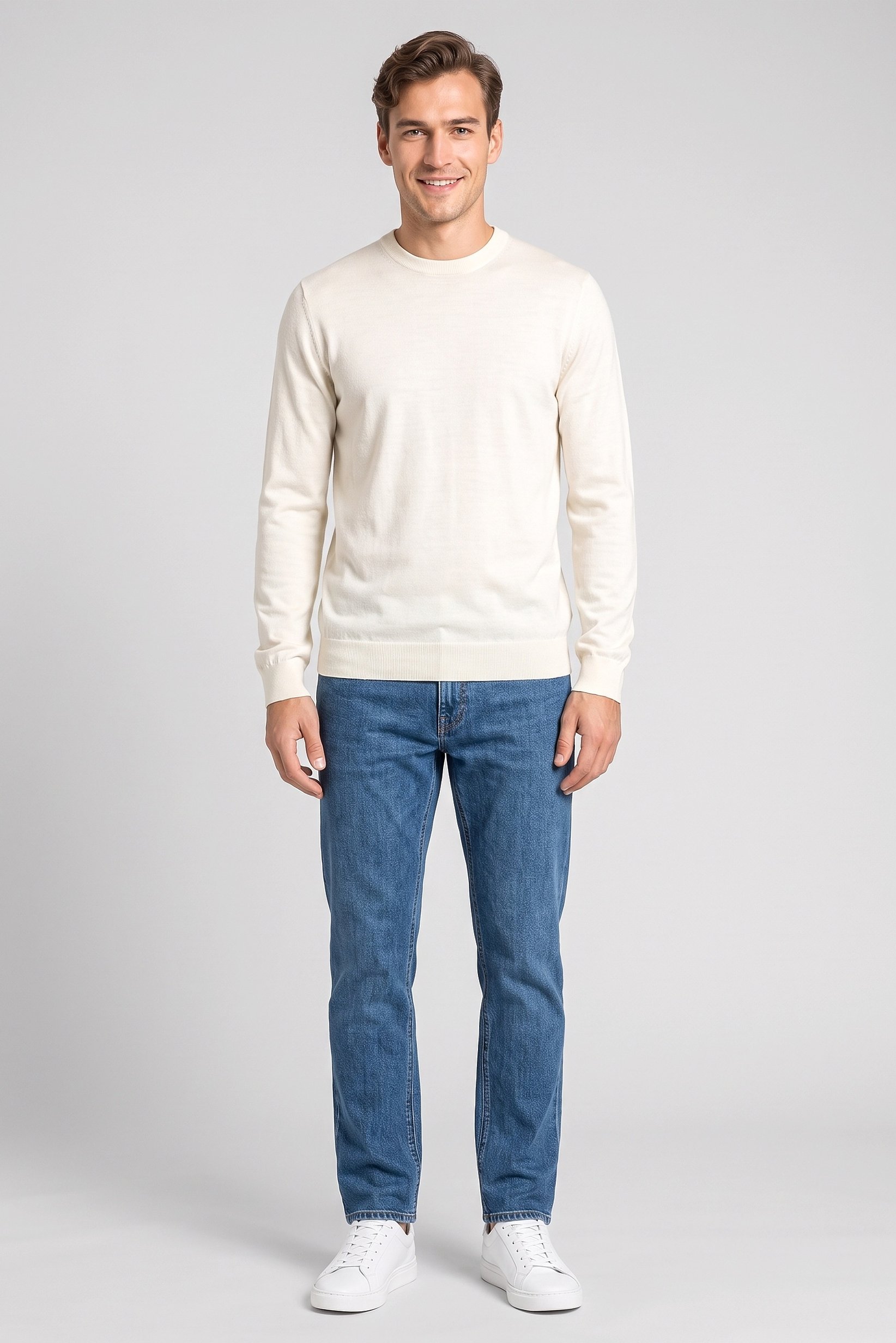 Men Crew Neck Long Sleeve Knitted Sweater, Cream