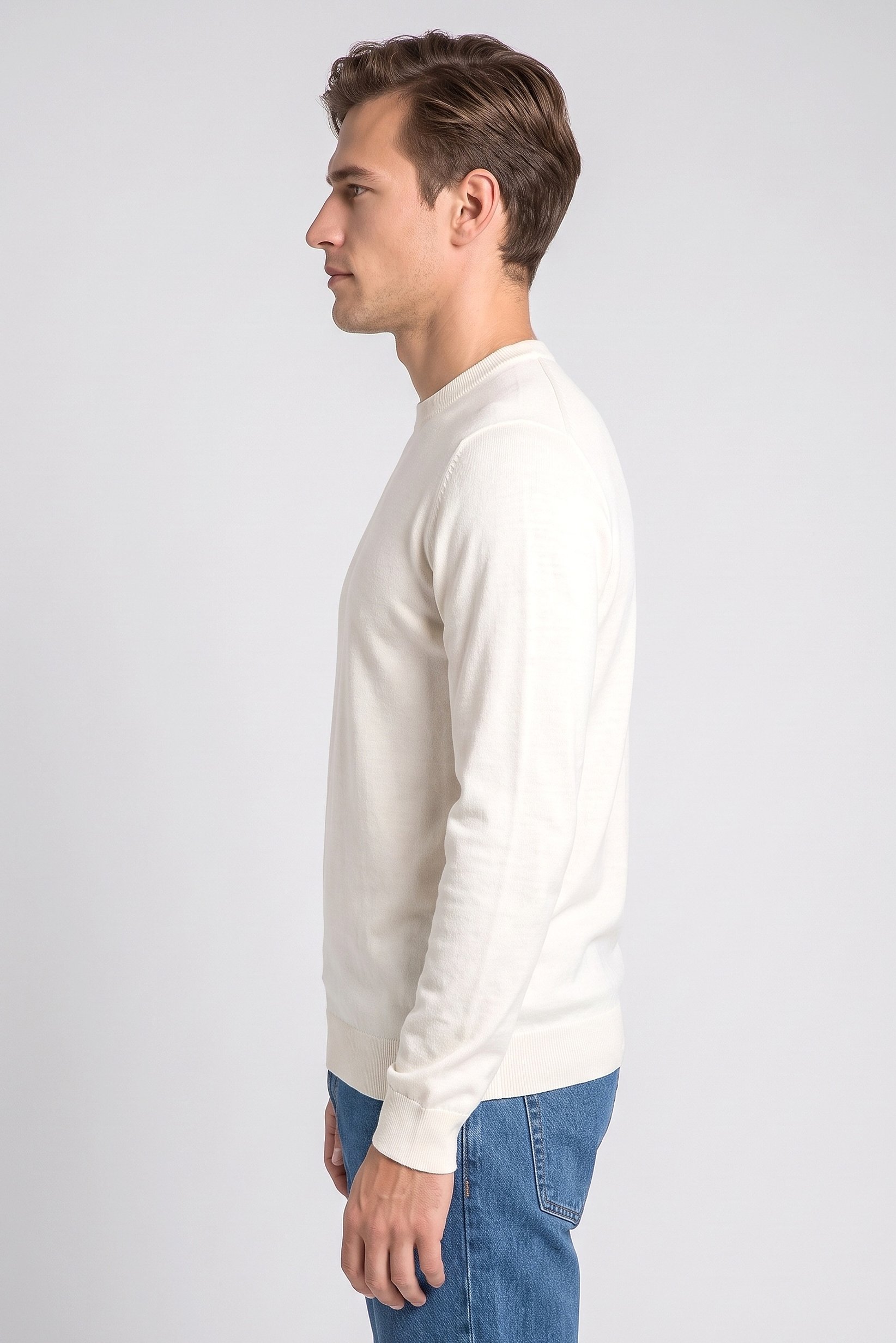 Men Crew Neck Long Sleeve Knitted Sweater, Cream