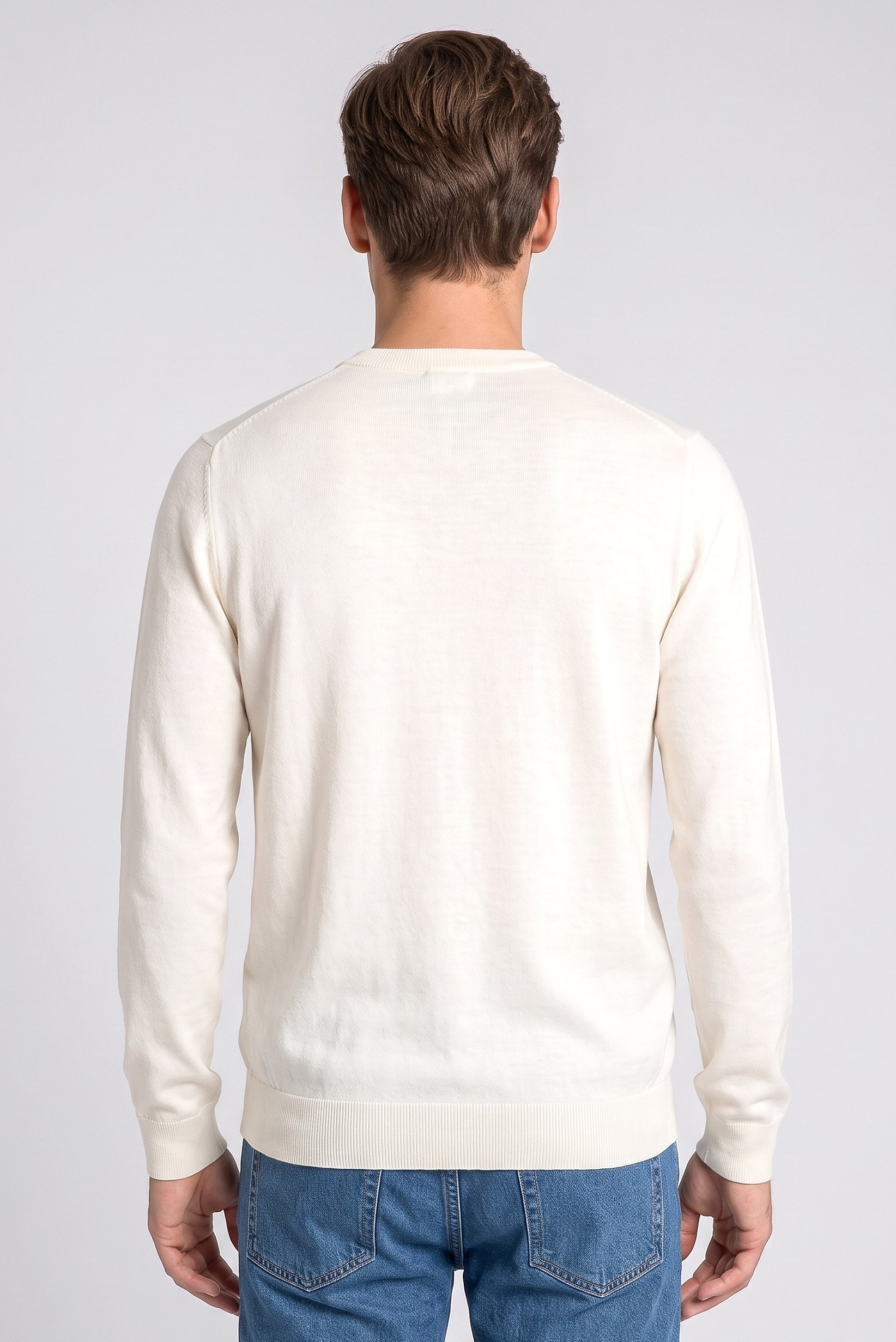 Men Crew Neck Long Sleeve Knitted Sweater, Cream