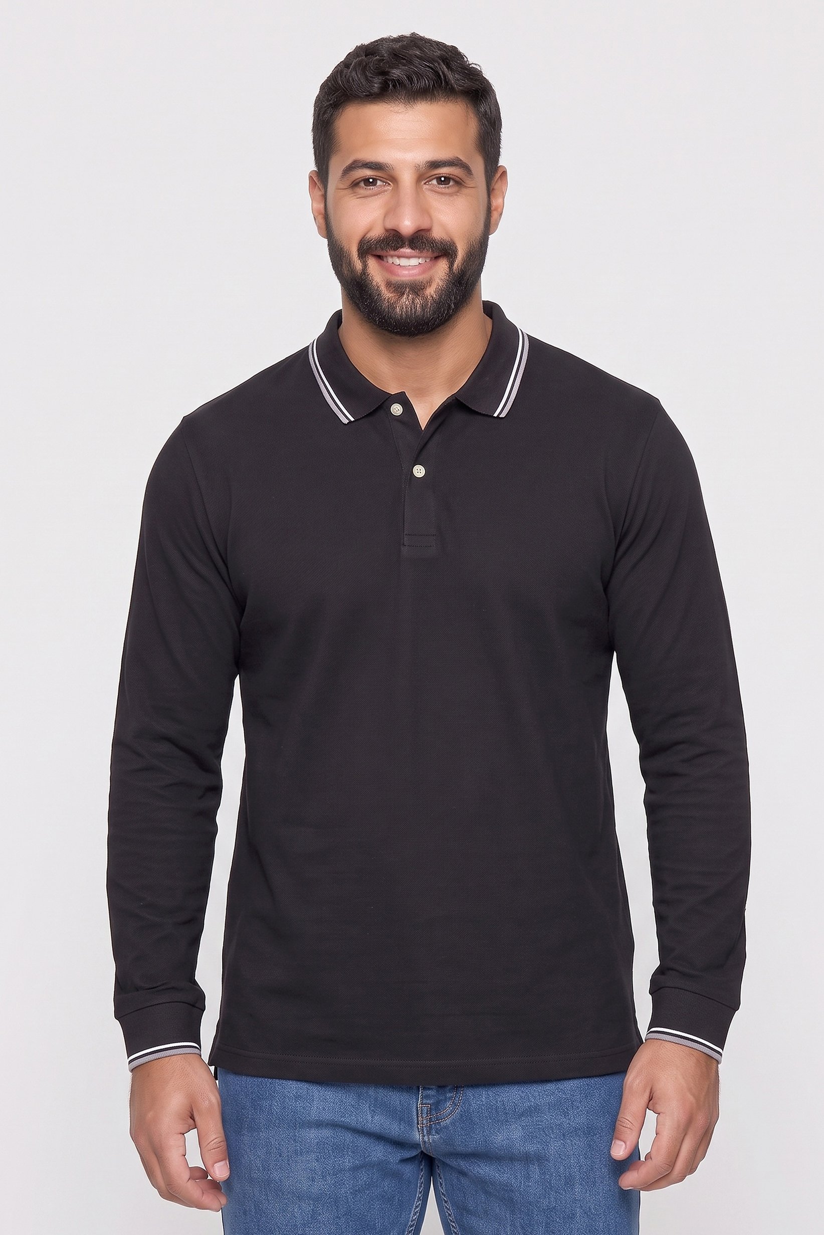 Men Regular Fit Long Sleeve Plain Polo Shirt, Black