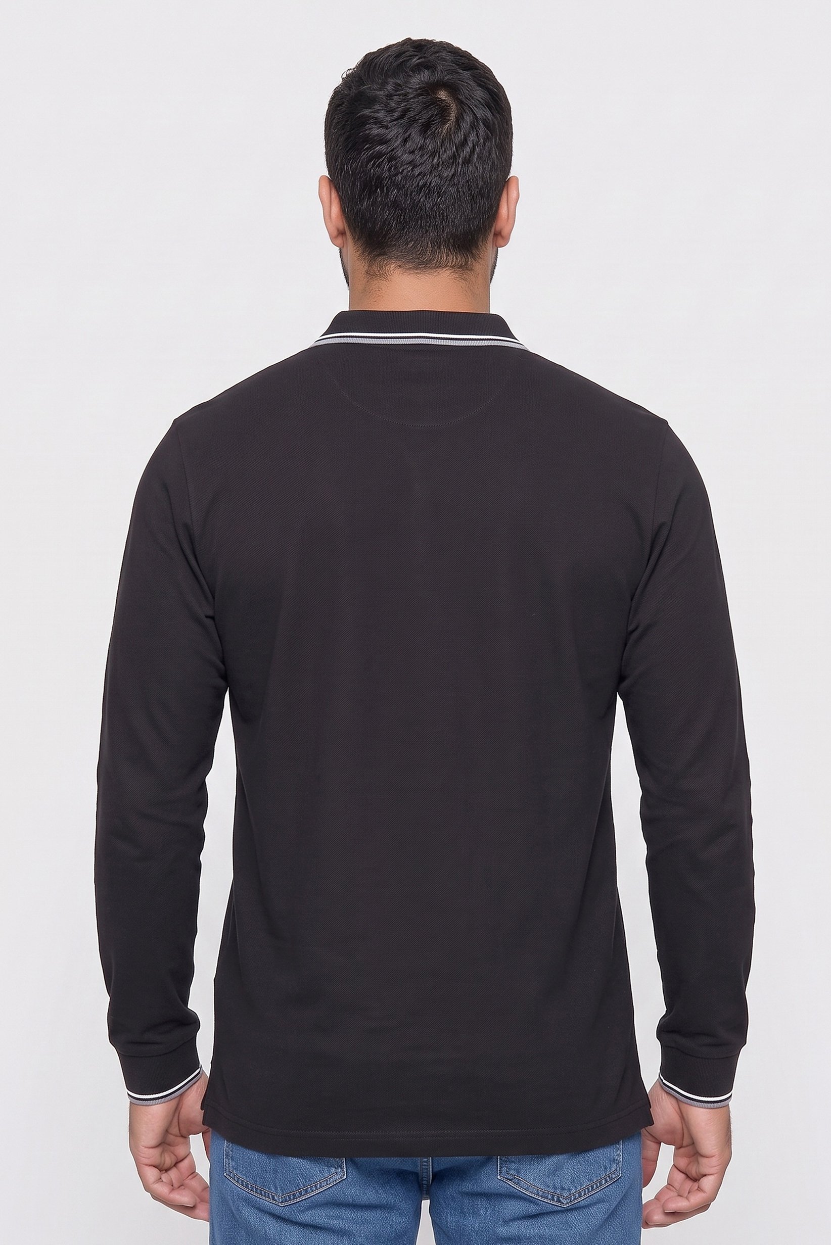 Men Regular Fit Long Sleeve Plain Polo Shirt, Black