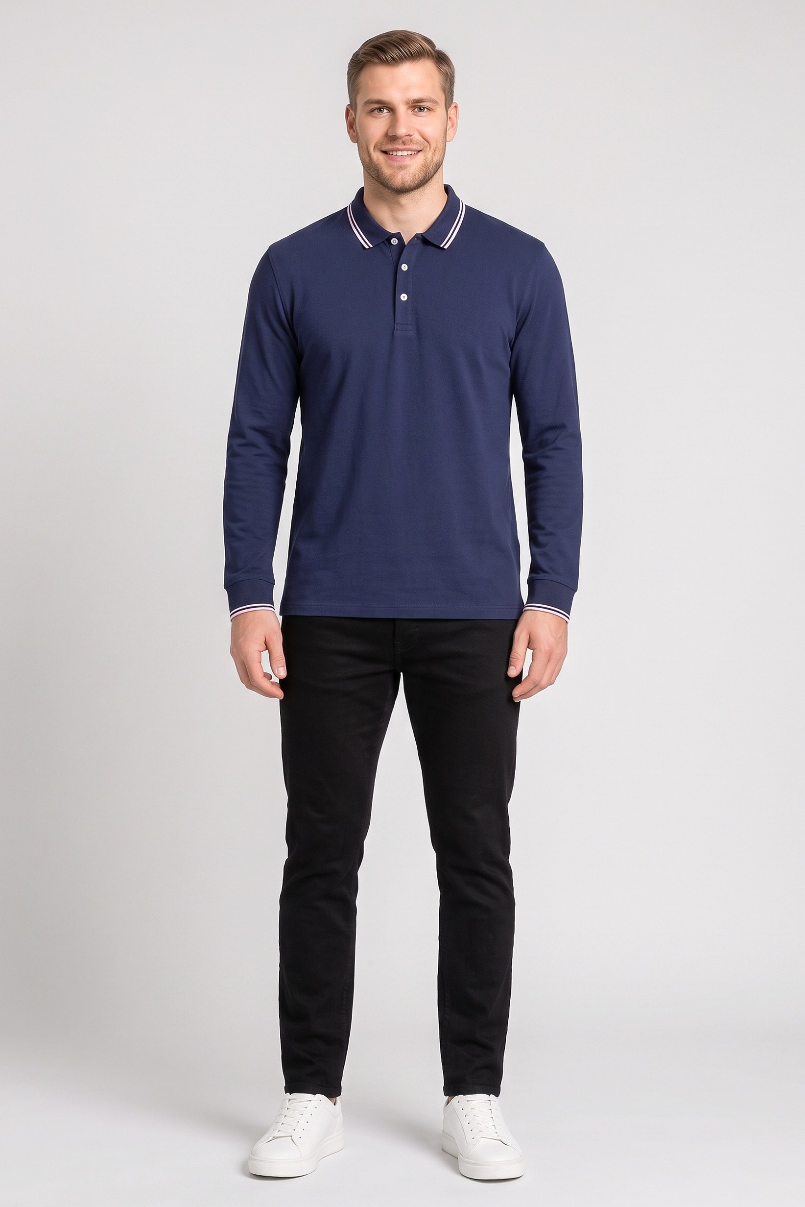 Men Regular Fit Solid Long Sleeves Polo Shirt, Navy