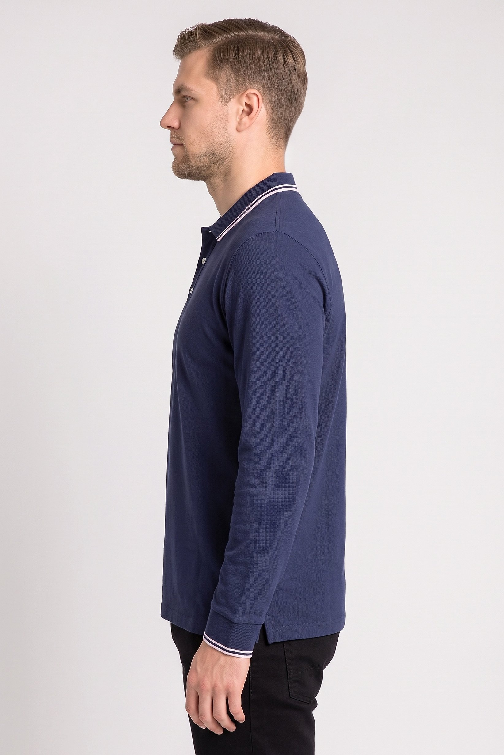 Men Regular Fit Solid Long Sleeves Polo Shirt, Navy