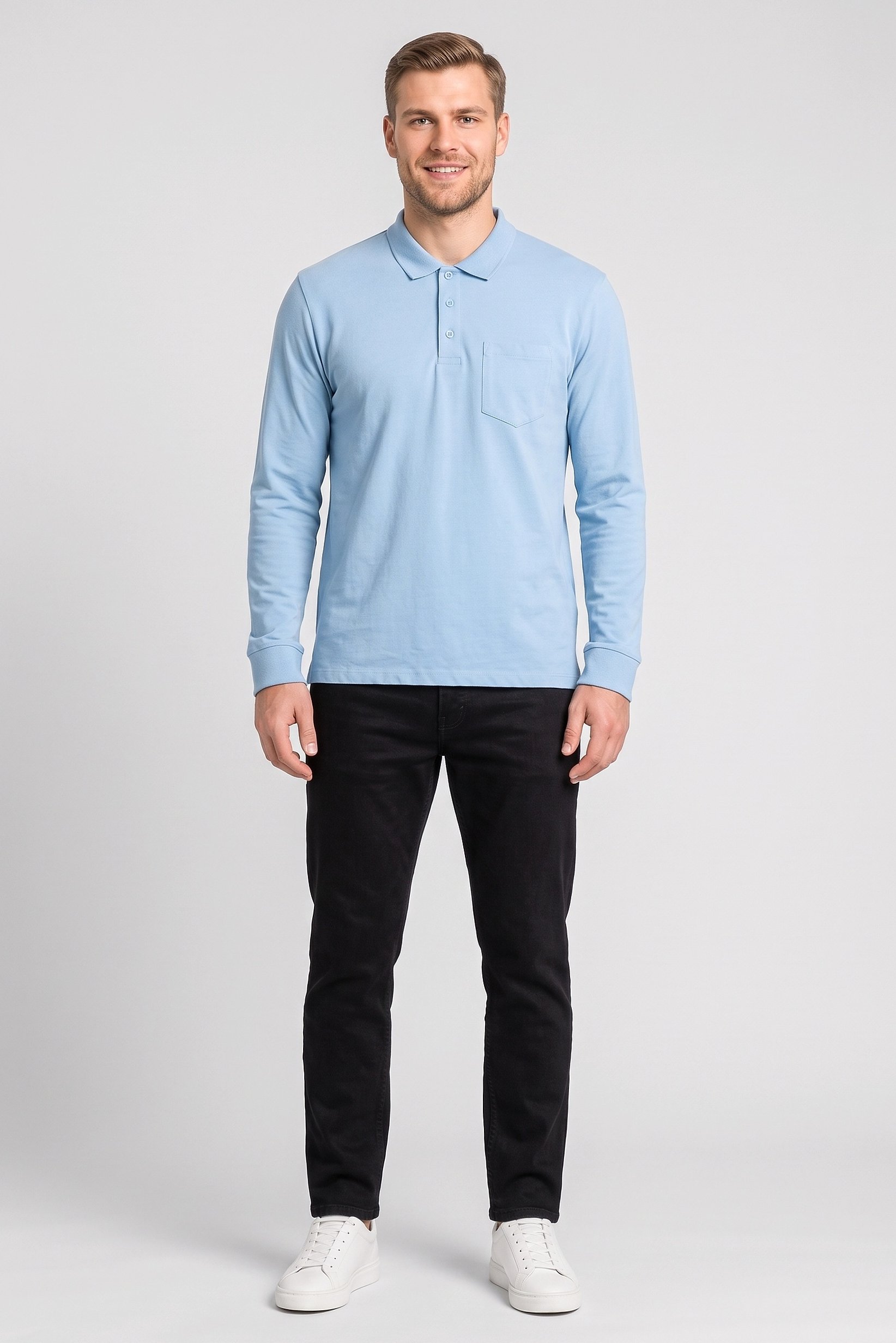 Men Regular Fit Long Sleeve Plain Polo, Blue