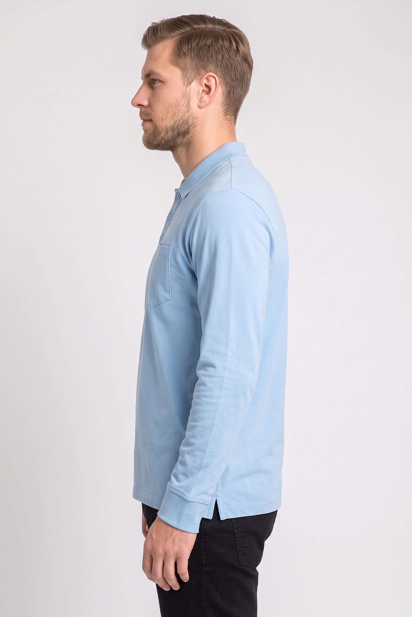 Men Regular Fit Long Sleeve Plain Polo, Blue