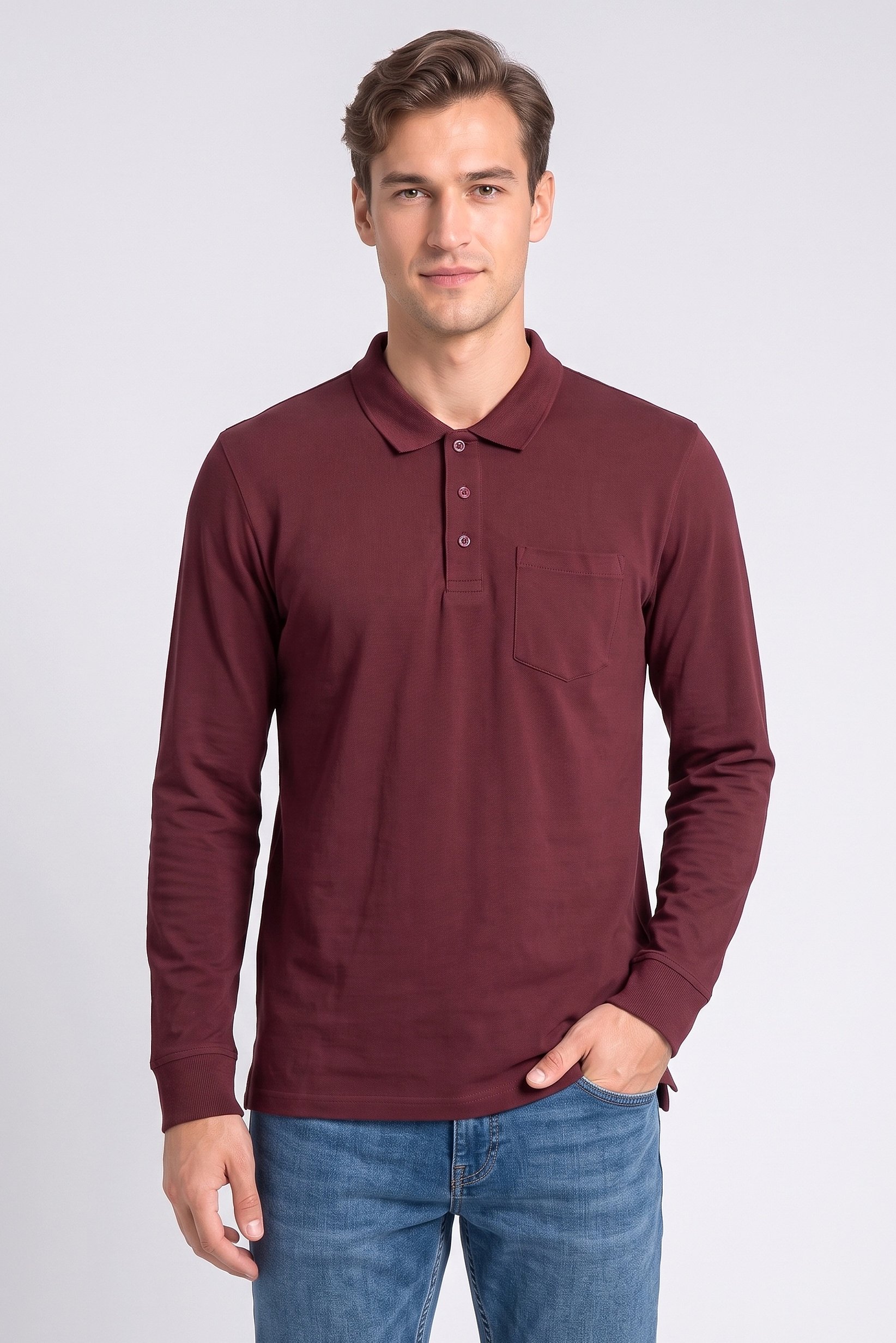 Men Regular Fit Long Sleeve Plain Polo, Burgundy