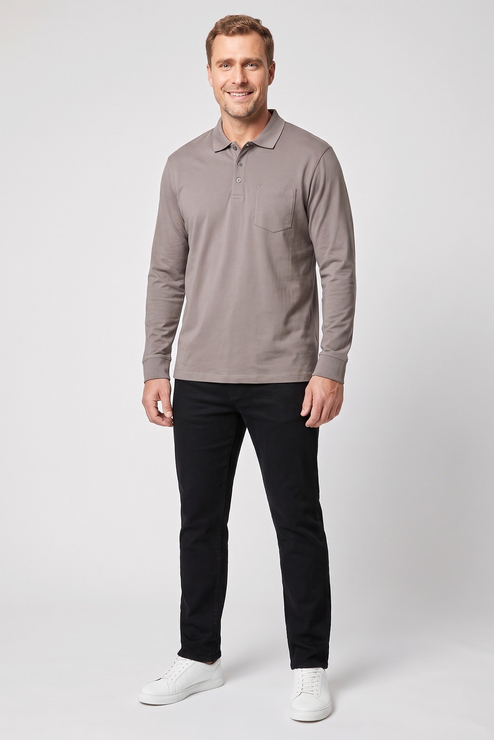 Men Regular Fit Plain Long Sleeve Polo Shirt, Dark Grey