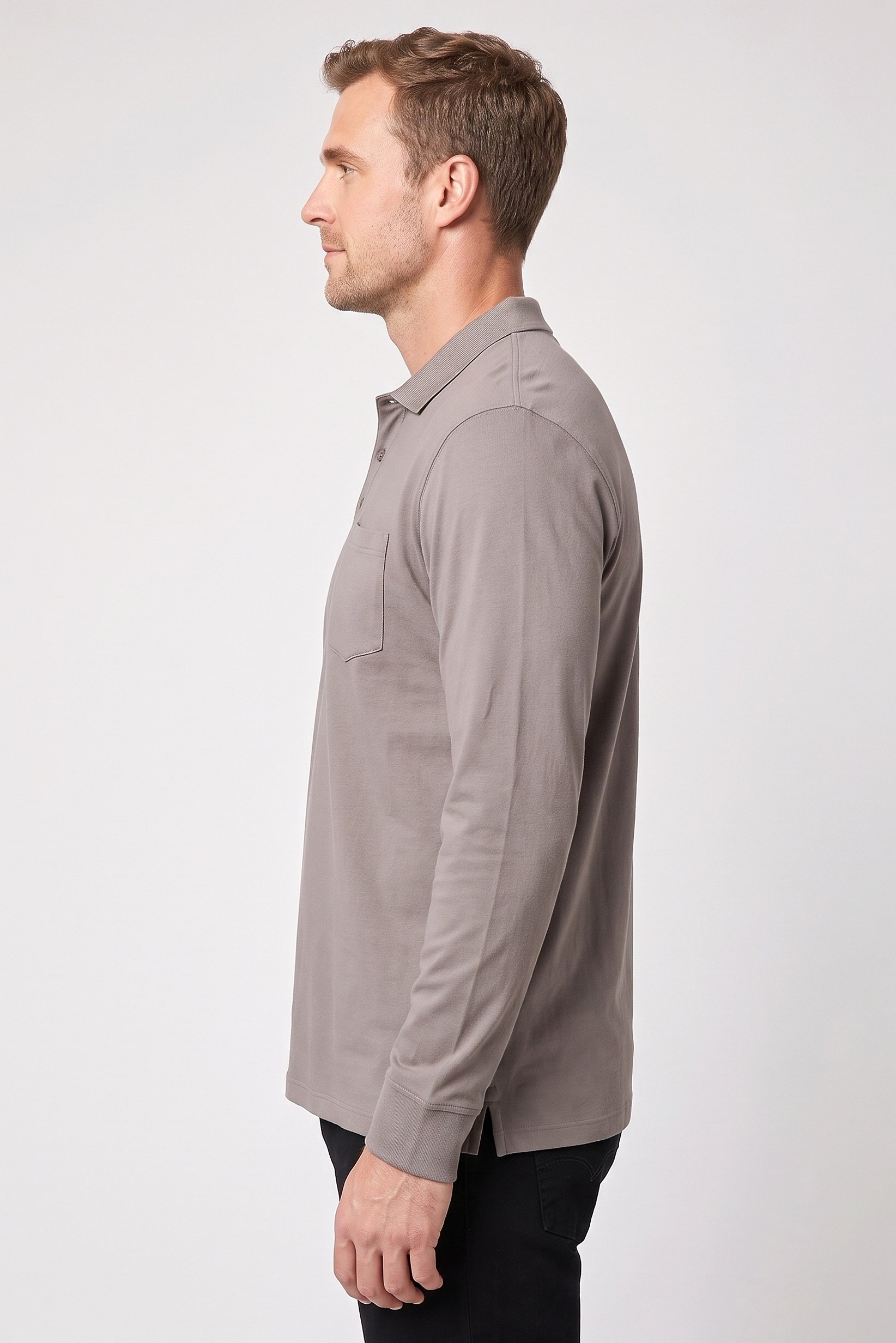 Men Regular Fit Plain Long Sleeve Polo Shirt, Dark Grey