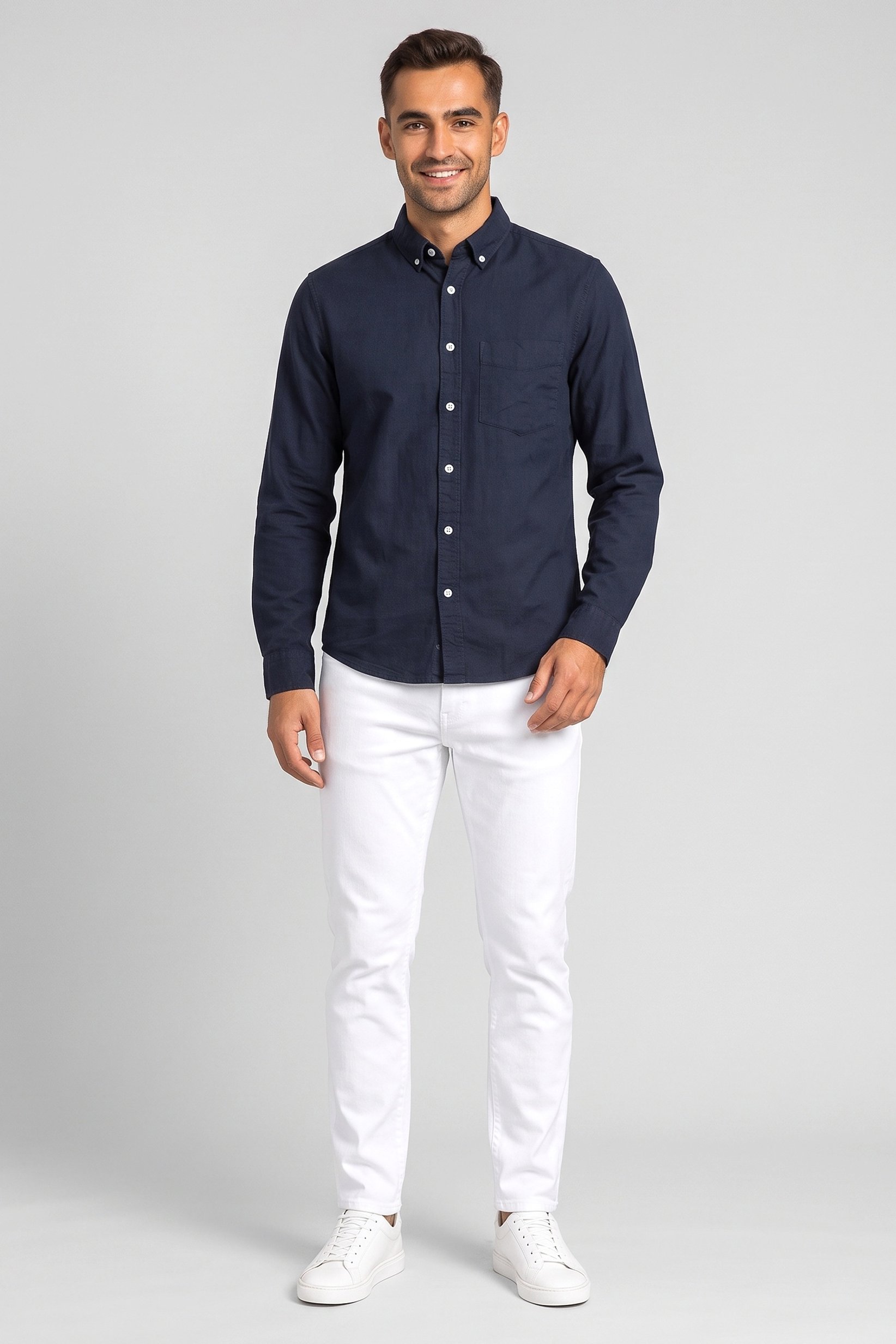 Men Regular Fit Solid Long Sleeve Casual Shirt, Dark Navy