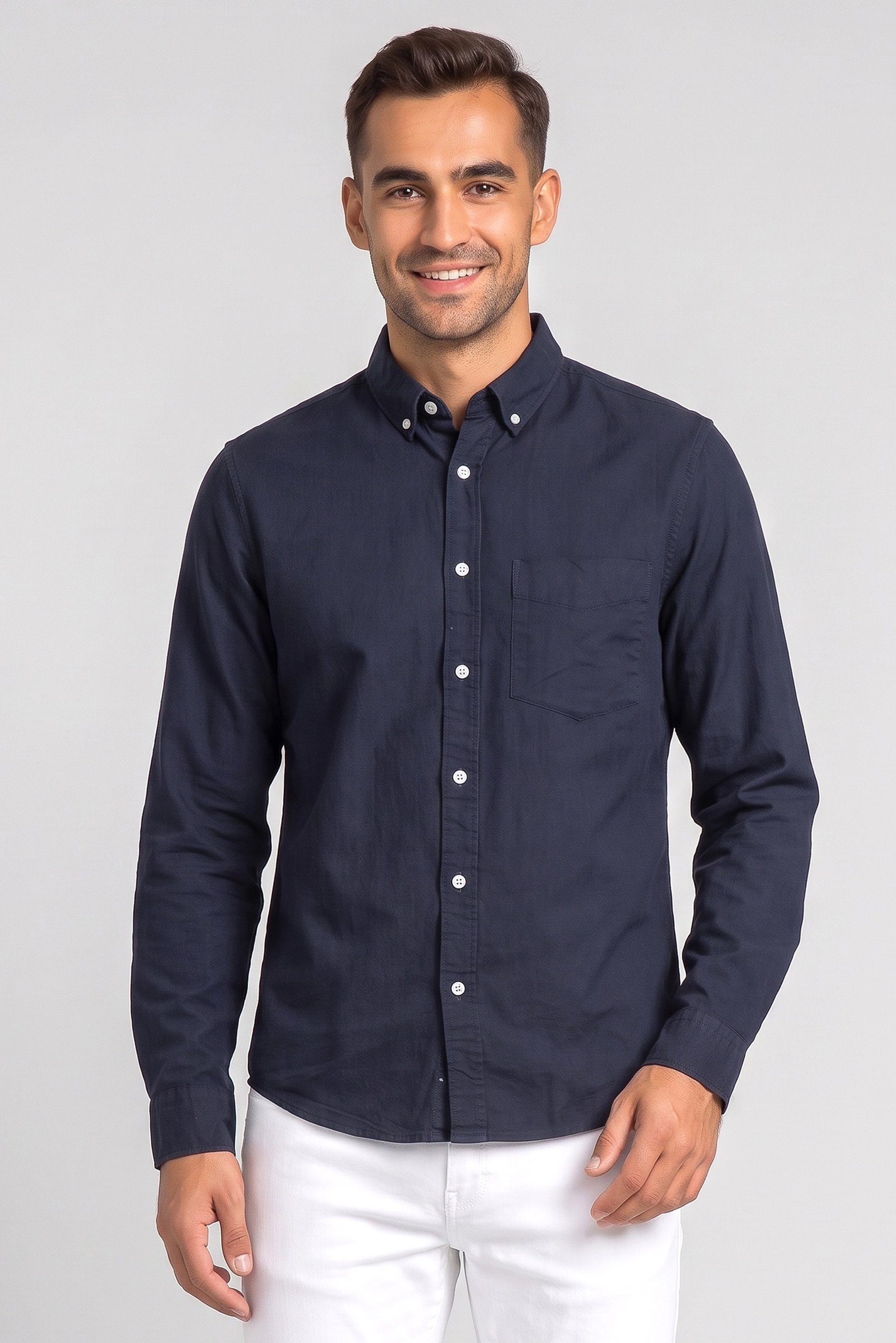 Men Regular Fit Solid Long Sleeve Casual Shirt, Dark Navy