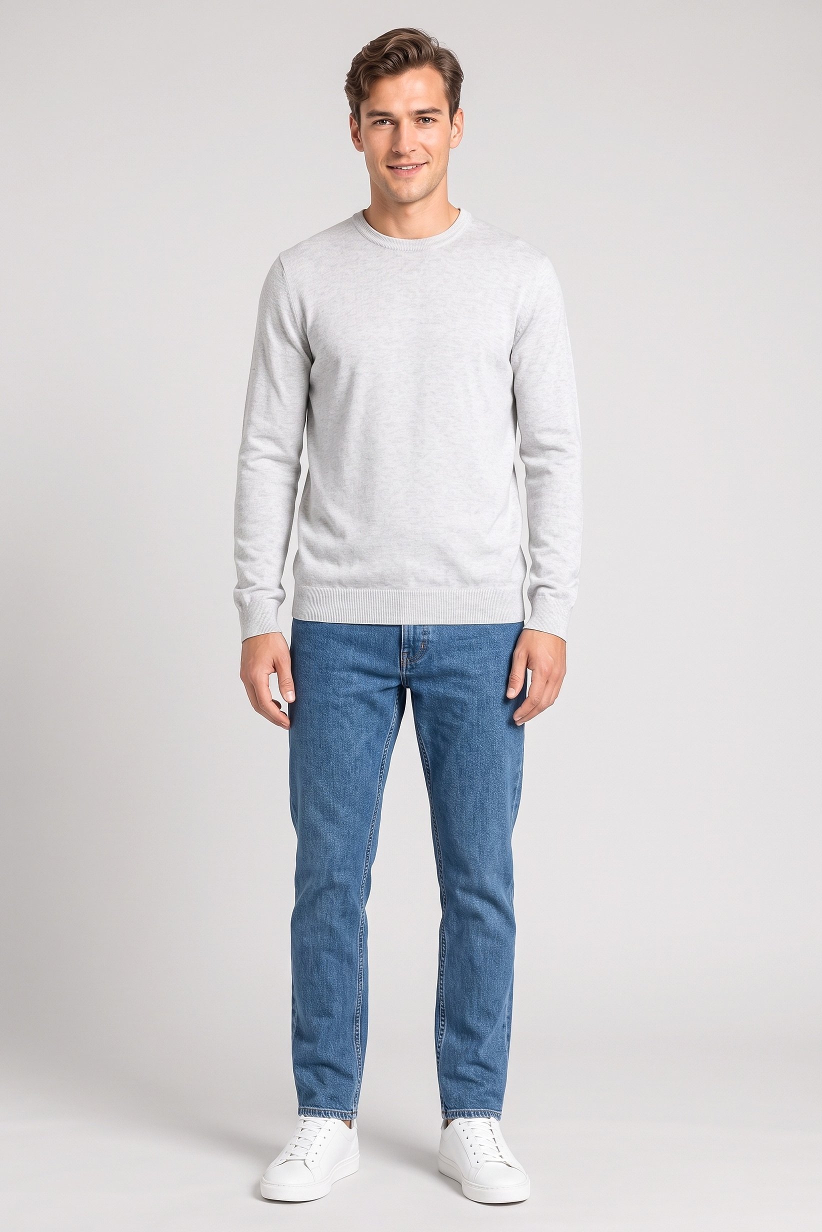 Men Crew Neck Knitted Long Sleeve Sweater, Light Grey