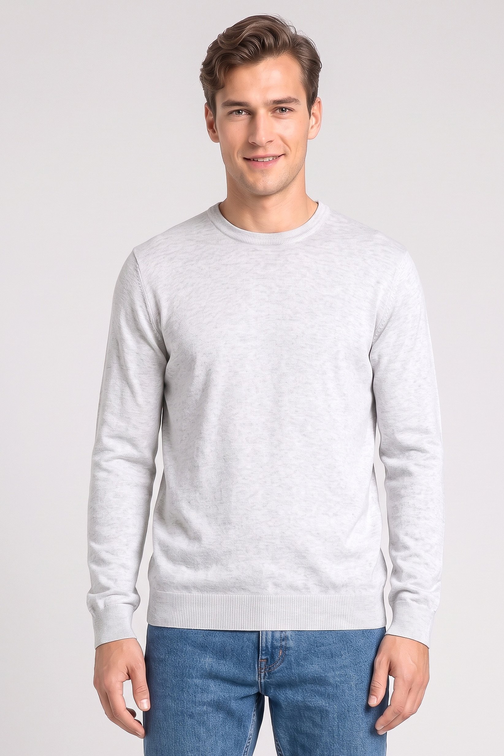 Men Crew Neck Knitted Long Sleeve Sweater, Light Grey