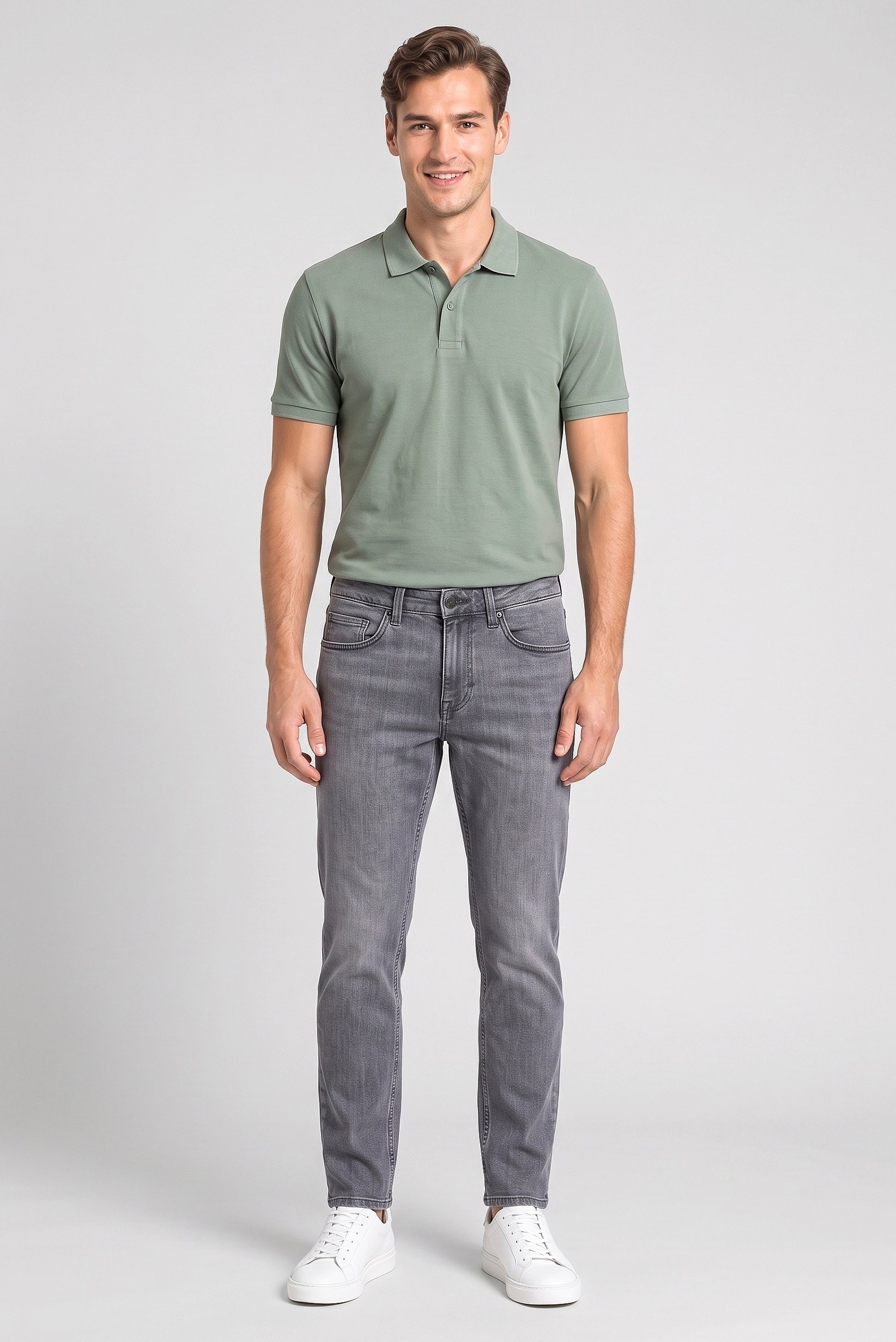 Men Straight Washed Stretchable Jeans, Light Grey
