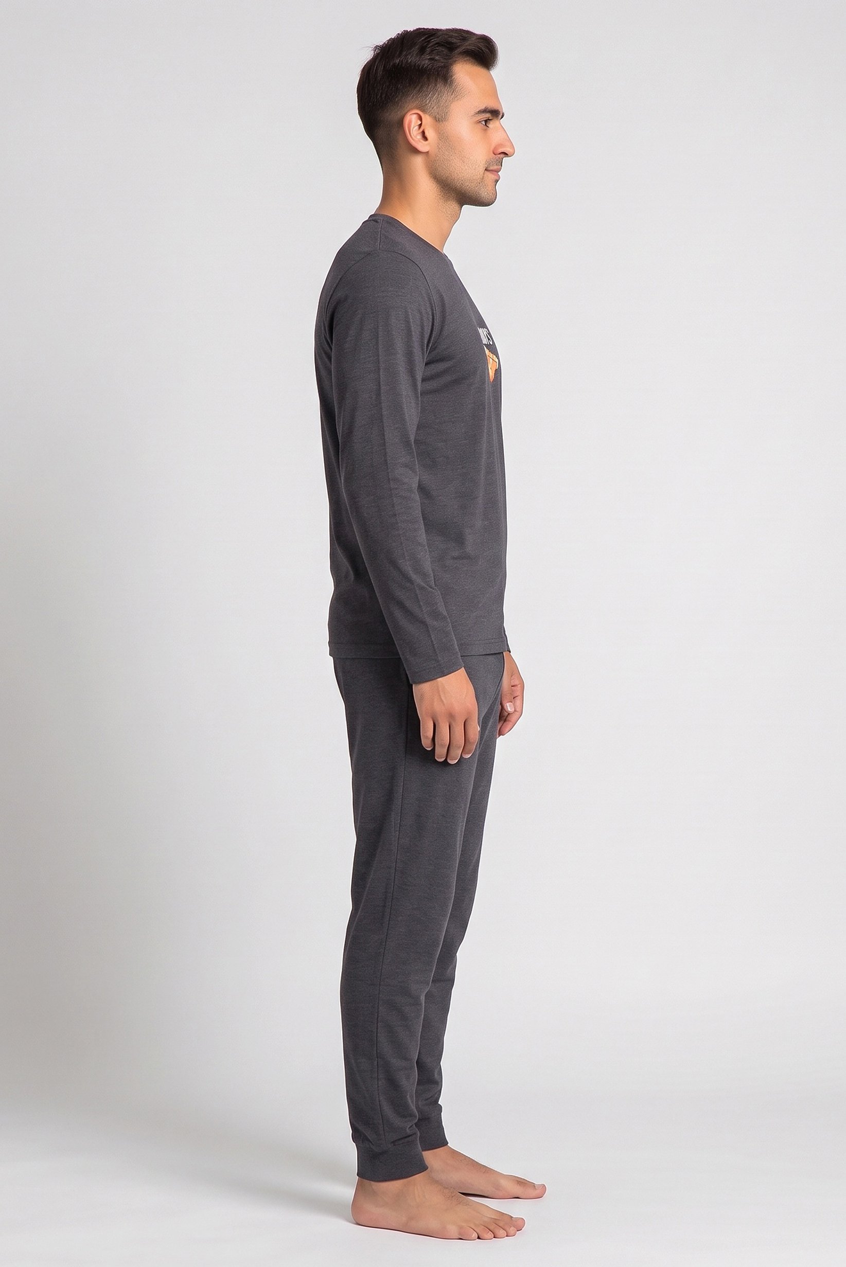 Men 2 Pcs Graphic Print Long Sleeve T-Shirt And Pants Pyjama Set, Grey