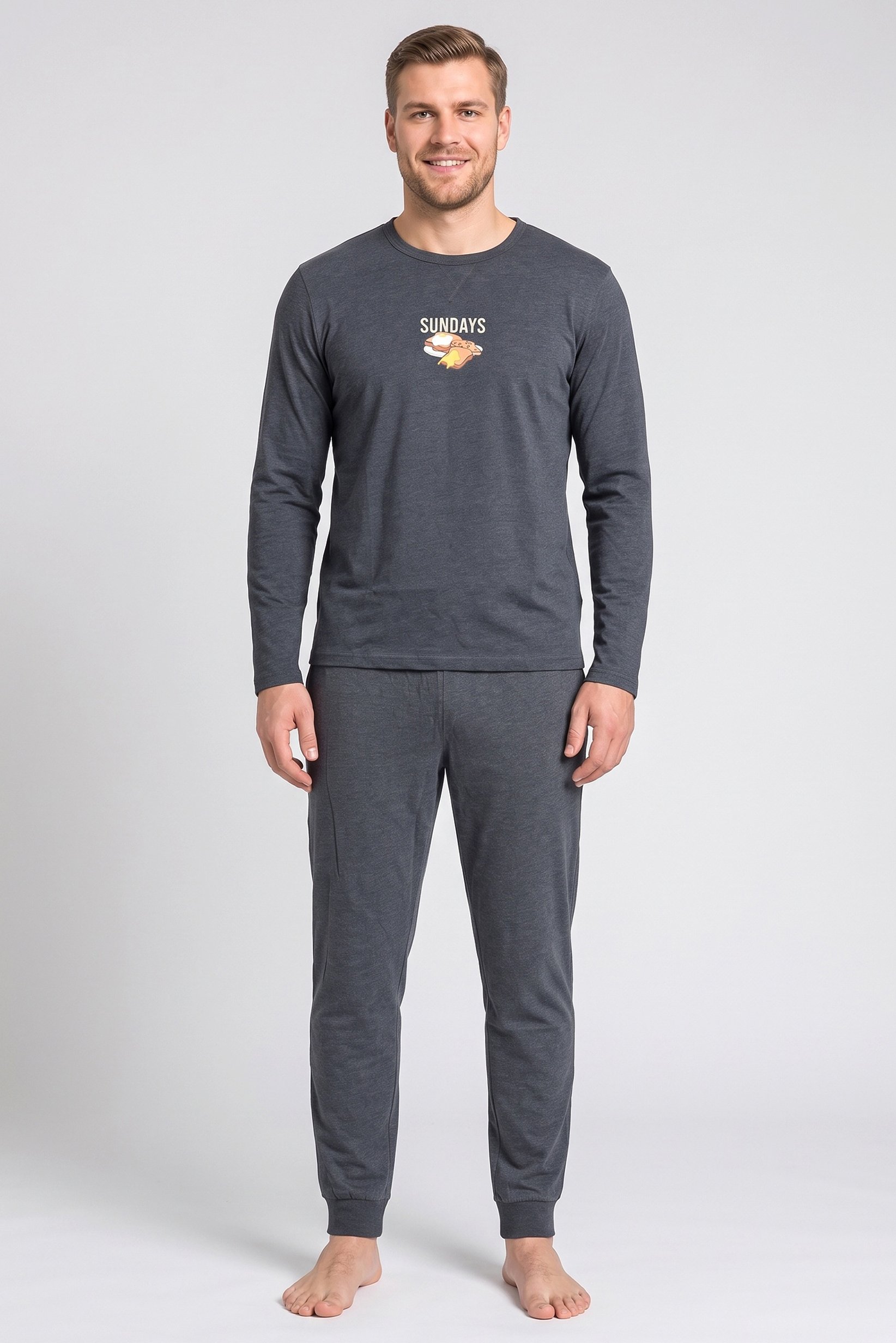 Men 2 Pcs Graphic Print Long Sleeve T-Shirt And Pants Pyjama Set, Dark Grey
