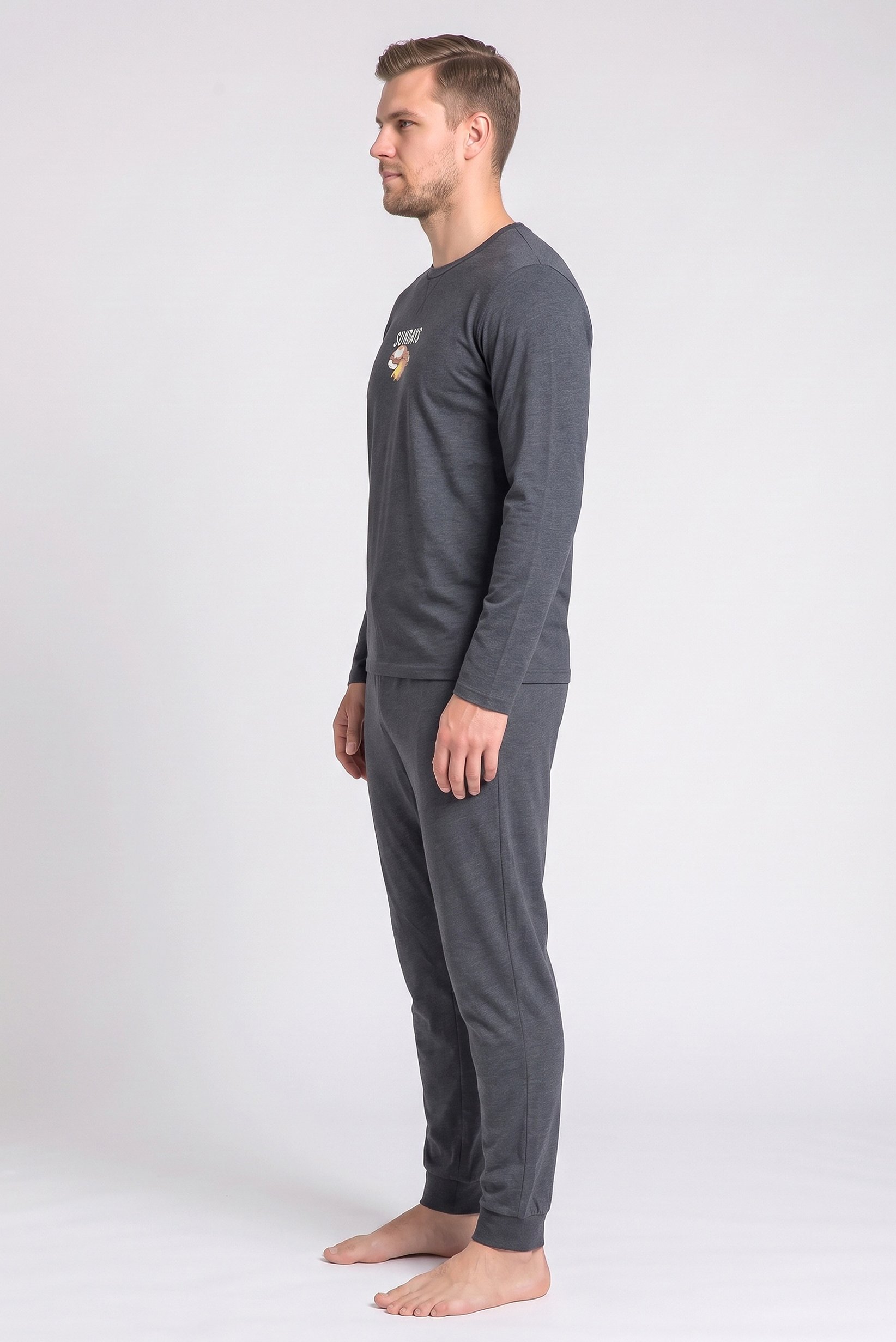 Men 2 Pcs Graphic Print Long Sleeve T-Shirt And Pants Pyjama Set, Dark Grey