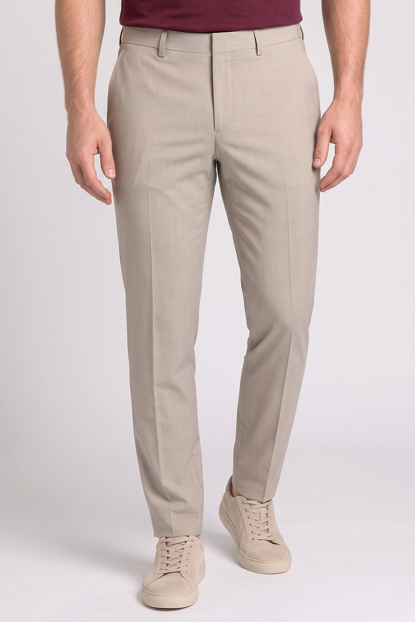 Men Slim Fit Solid Straight Leg Pants, Beige