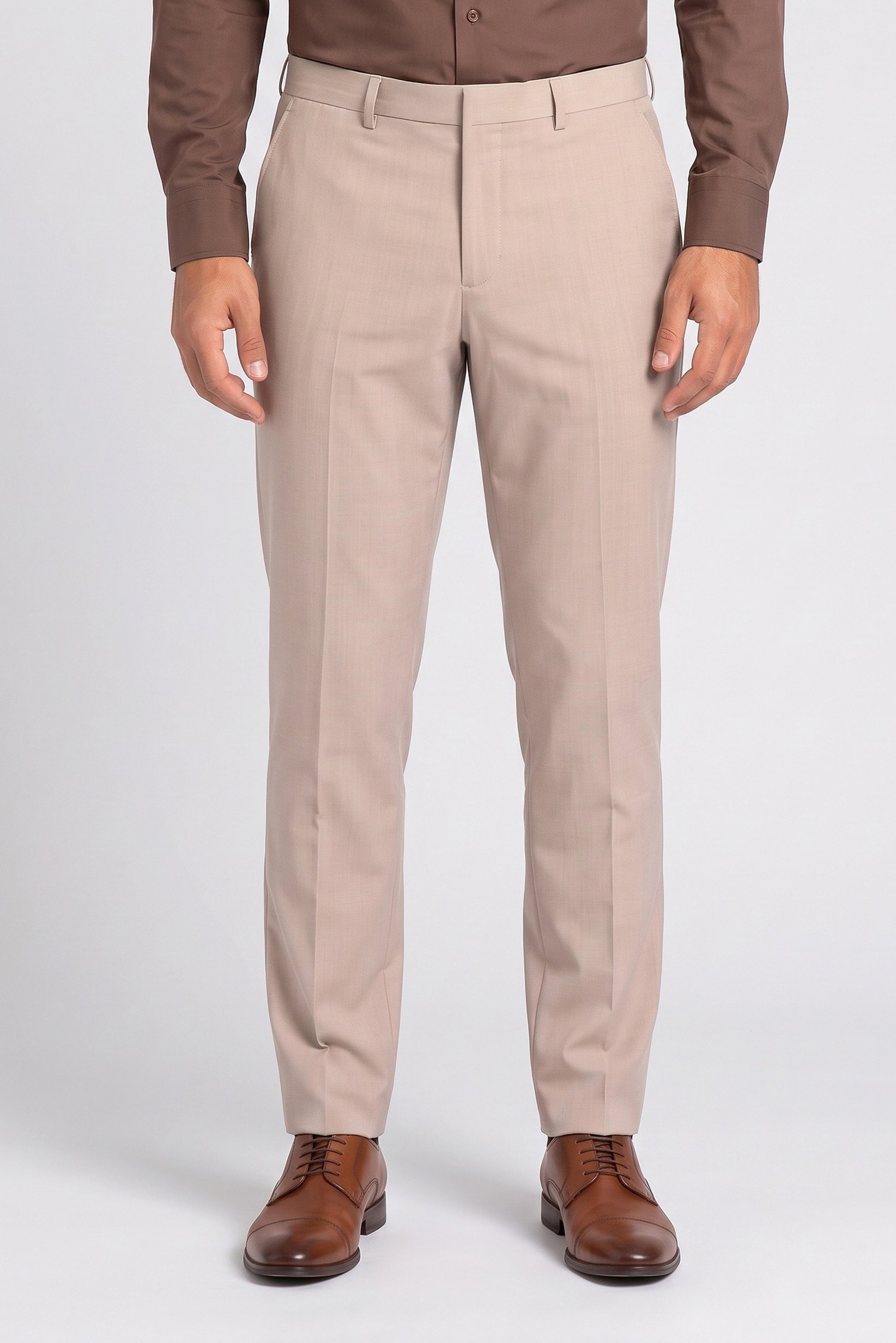 Men Slim Fit Solid Dress Pants, Beige