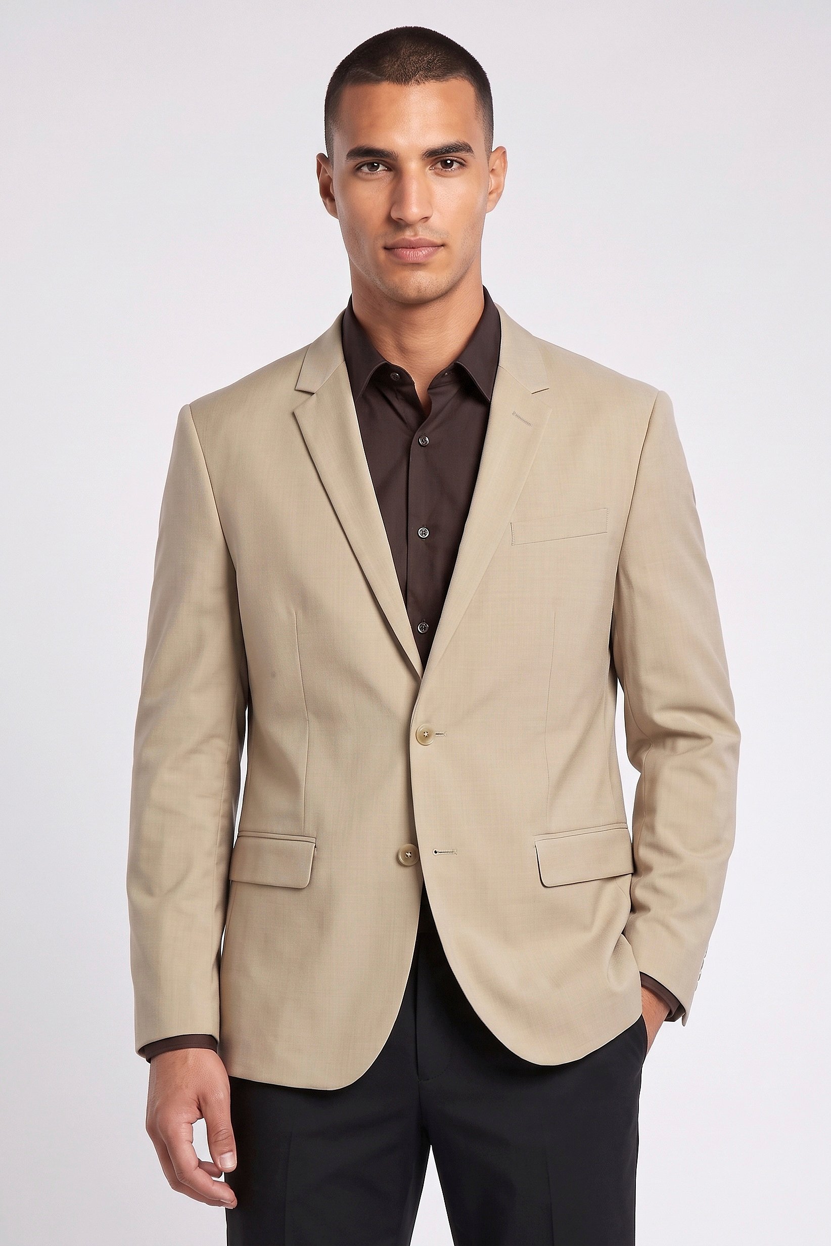 Men Slim Fit Plain Casual Blazer, Beige