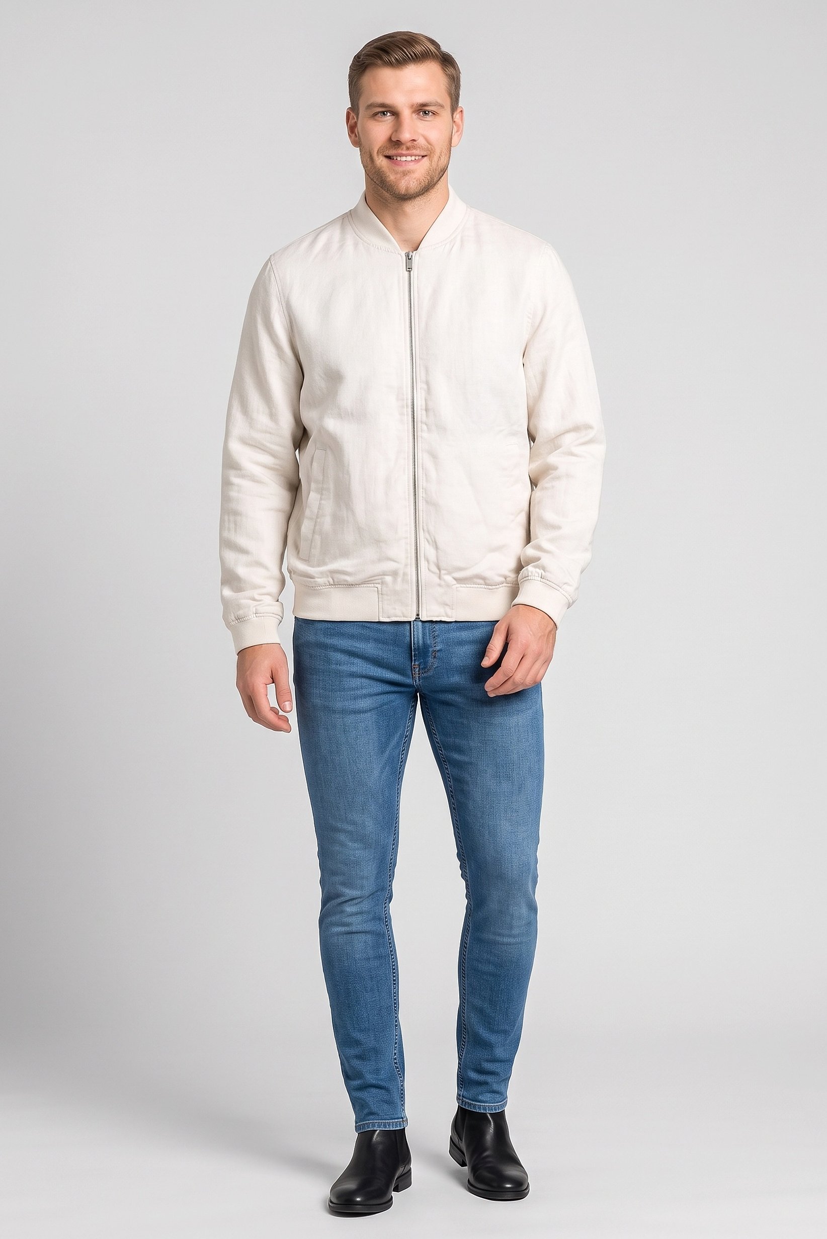 Men Plain Bomber Jacket, Light Beige