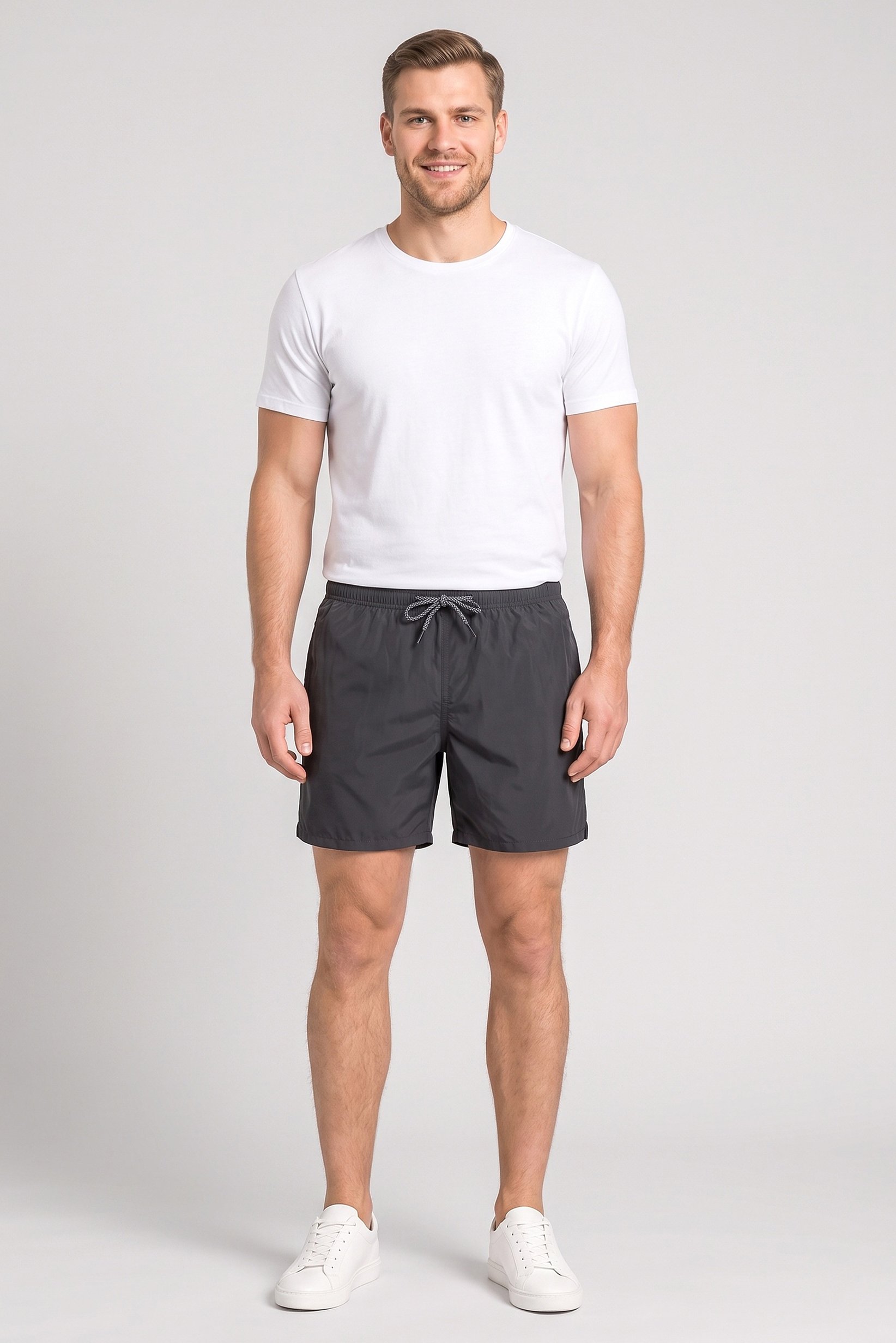 Men Solid Basic Shorts, Charcoal