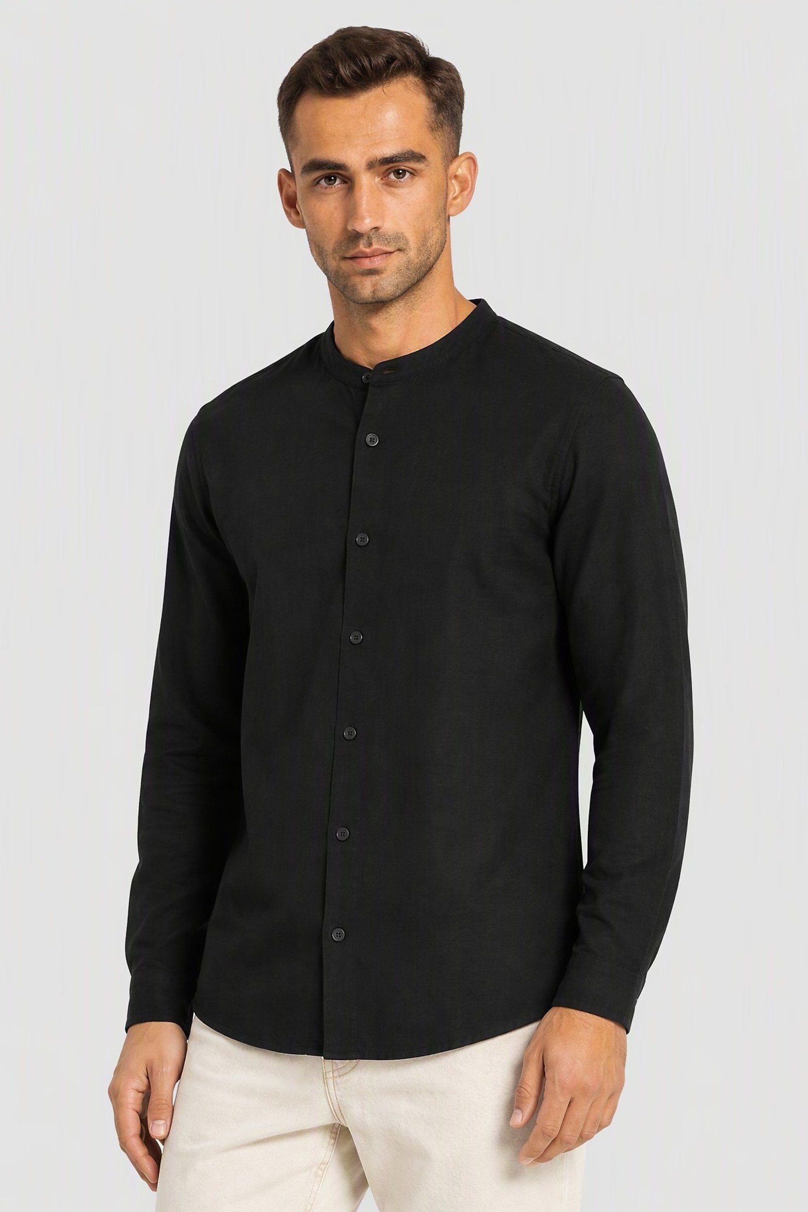 Men Regular Fit Long Sleeve Chambray Casual Shirt, Black