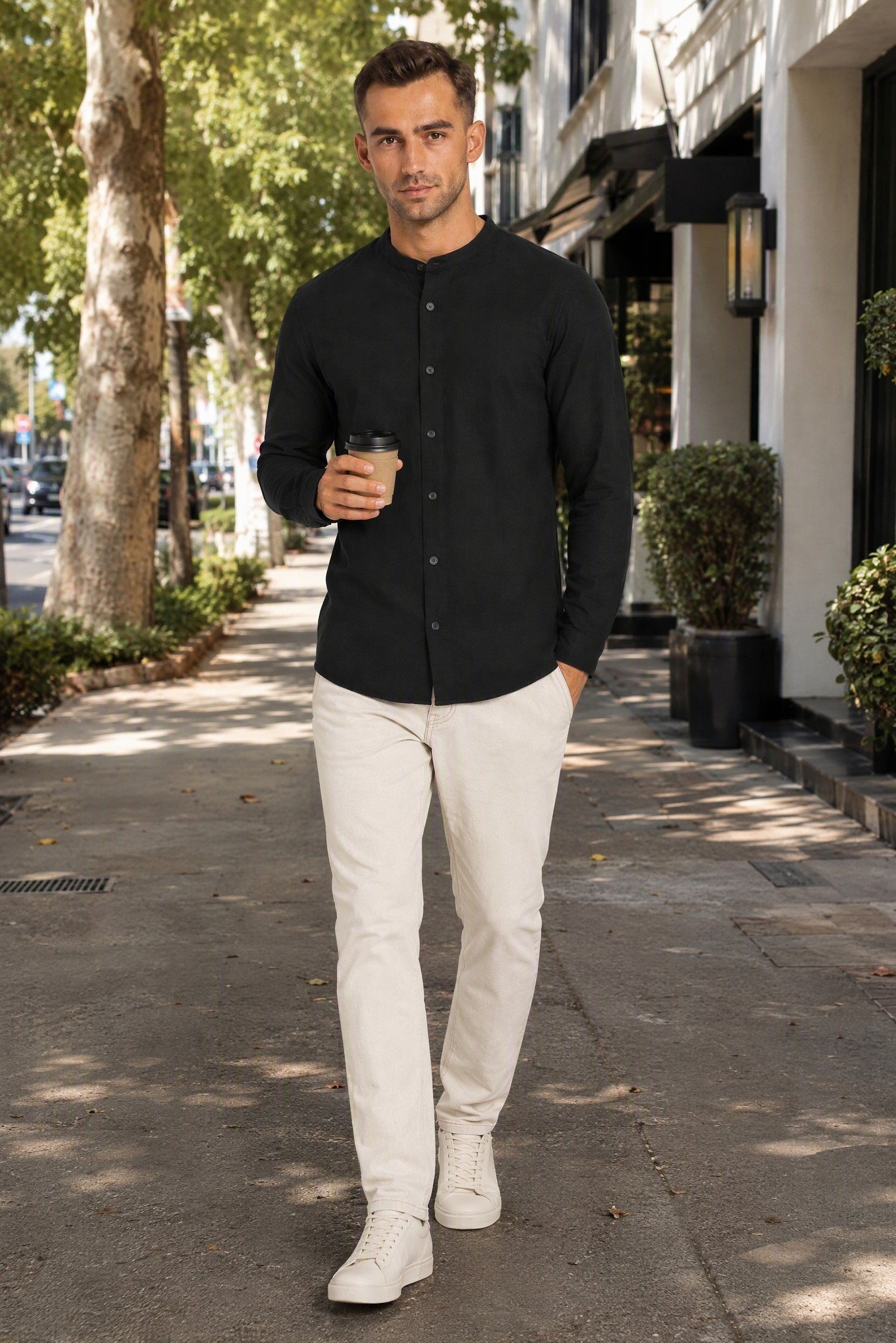 Men Regular Fit Long Sleeve Chambray Casual Shirt, Black