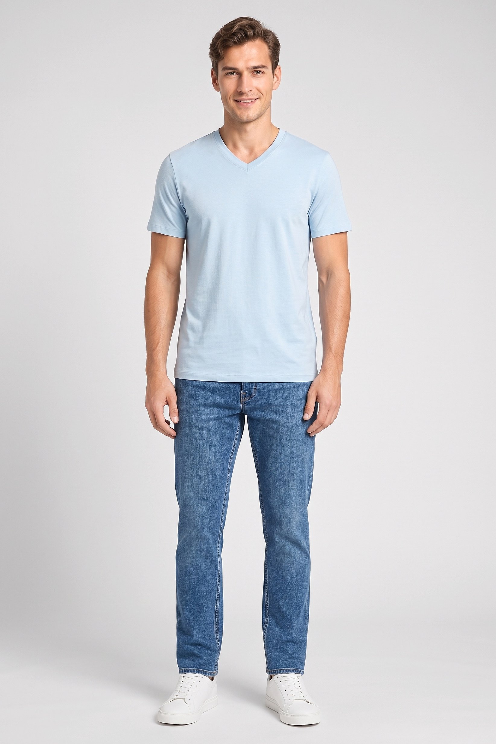 Men V-Neck Short Sleeve Plain T-Shirt, Light Blue
