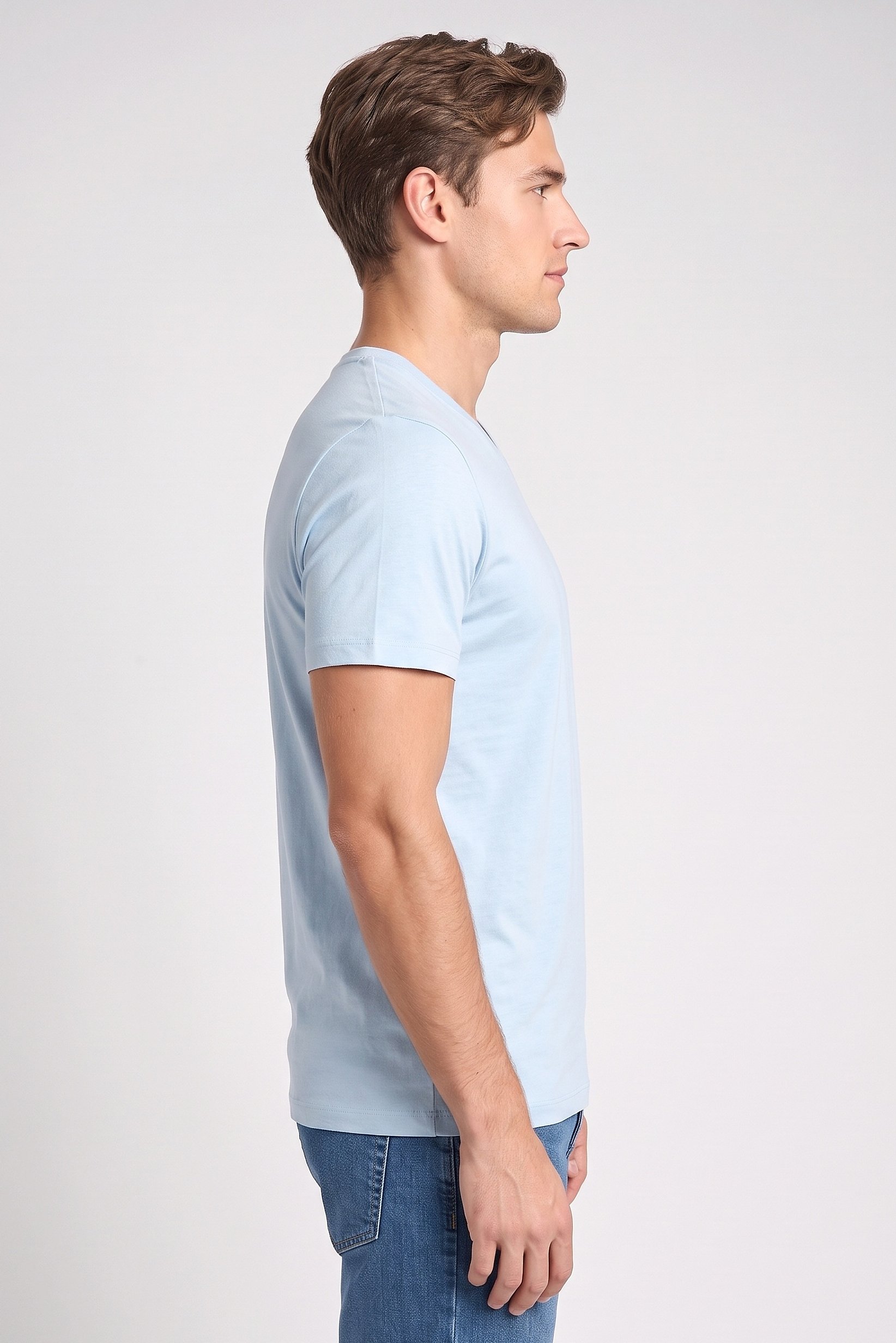 Men V-Neck Short Sleeve Plain T-Shirt, Light Blue